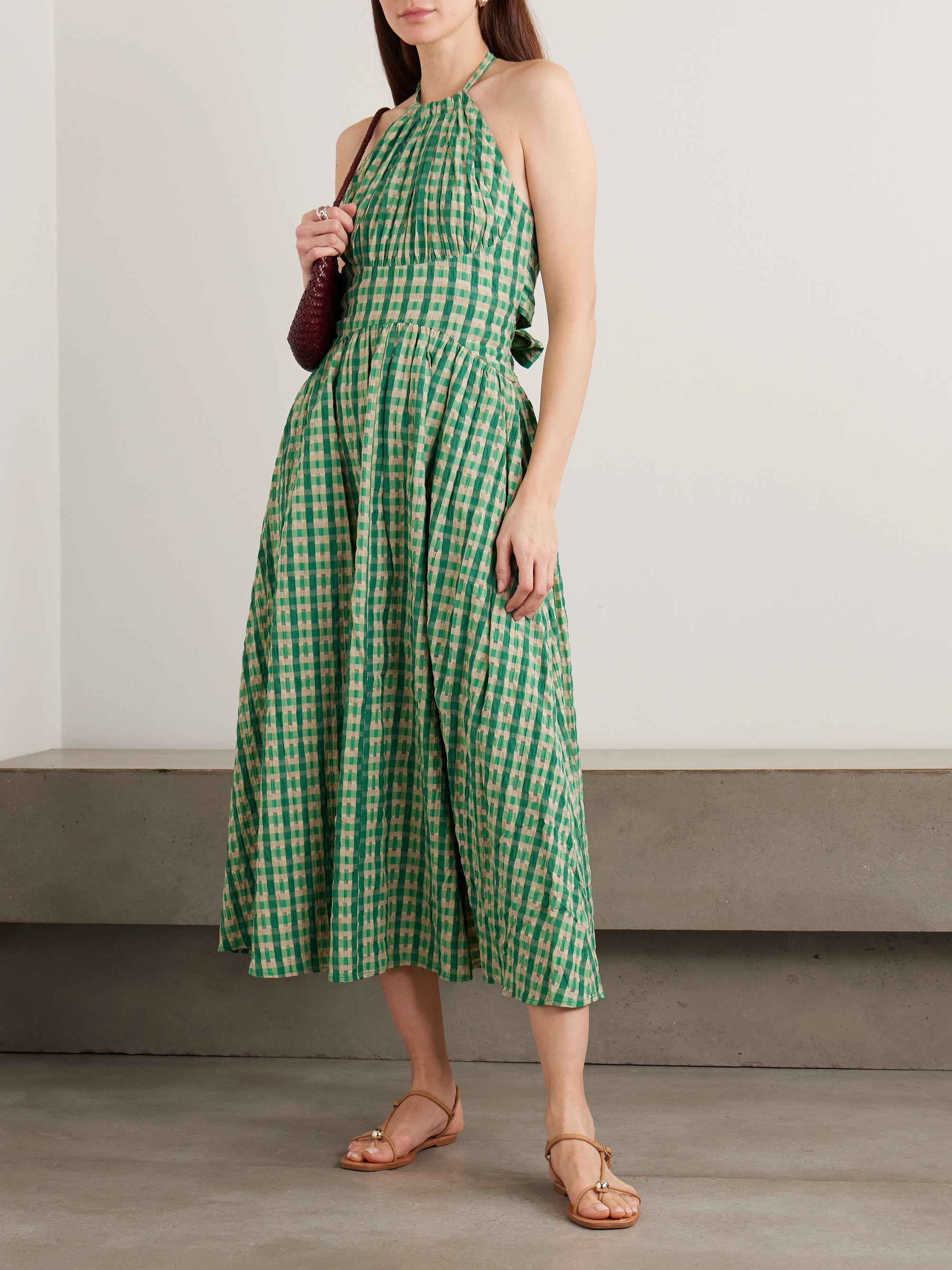 Rosie Assoulin - Halter In The Name Of Love gathered checked seersucker  halterneck midi dress | Plush