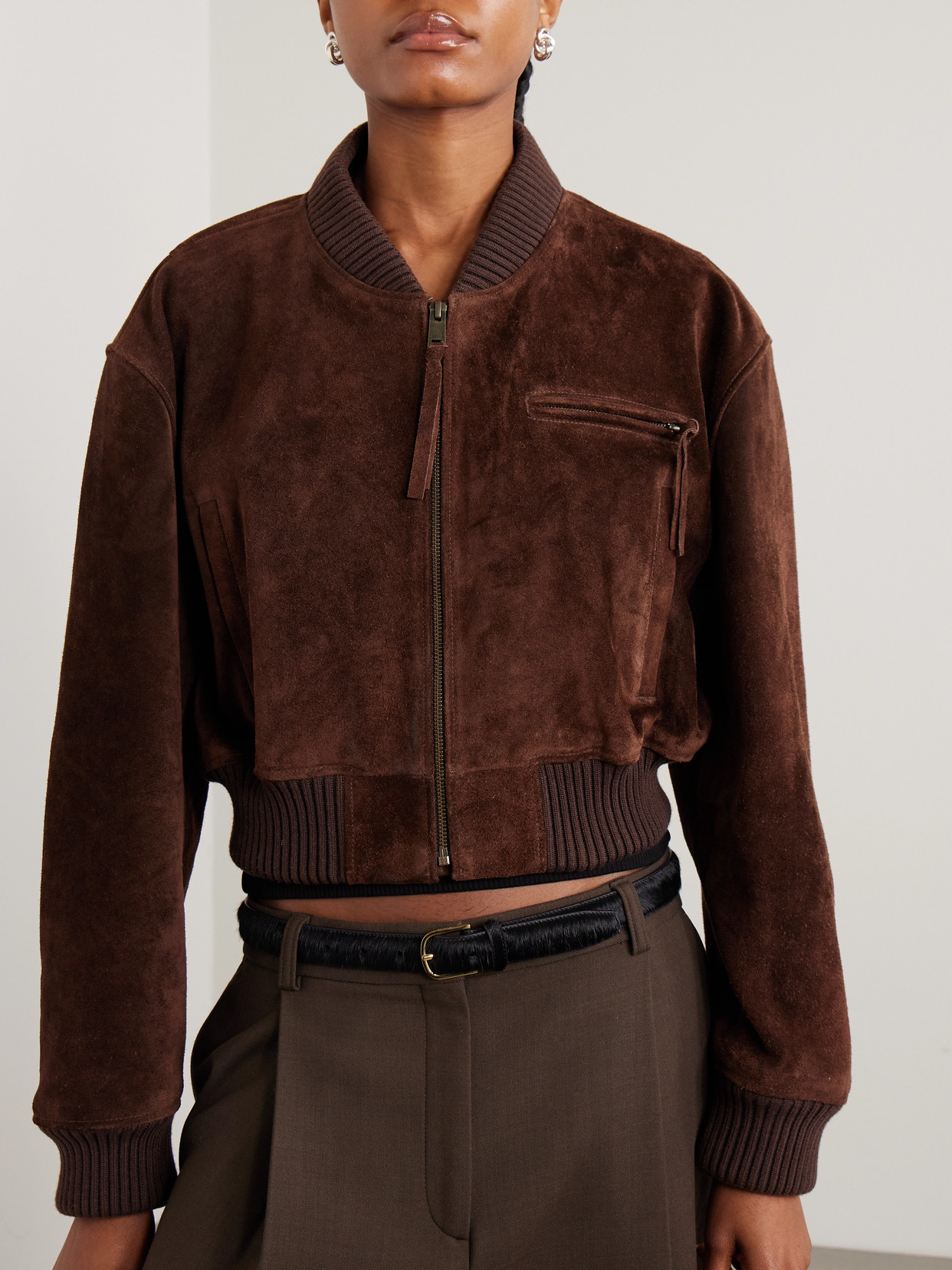 Arma Elettra Cropped Suede Bomber Jacket In Brown