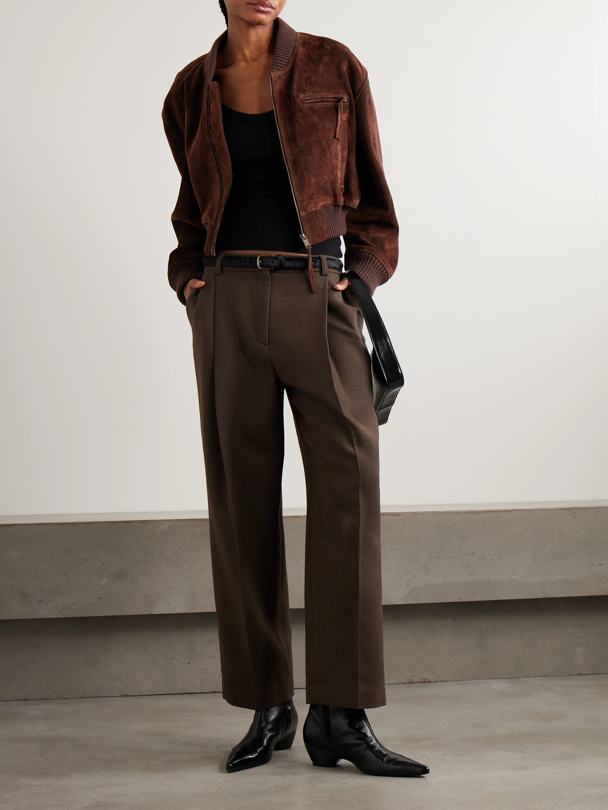 Arma Elettra Cropped Suede Bomber Jacket In Brown