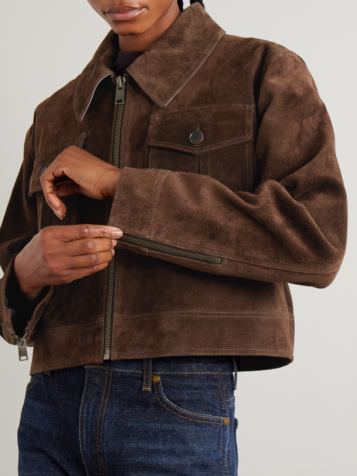 Arma Helen Cropped Suede Jacket In Brown