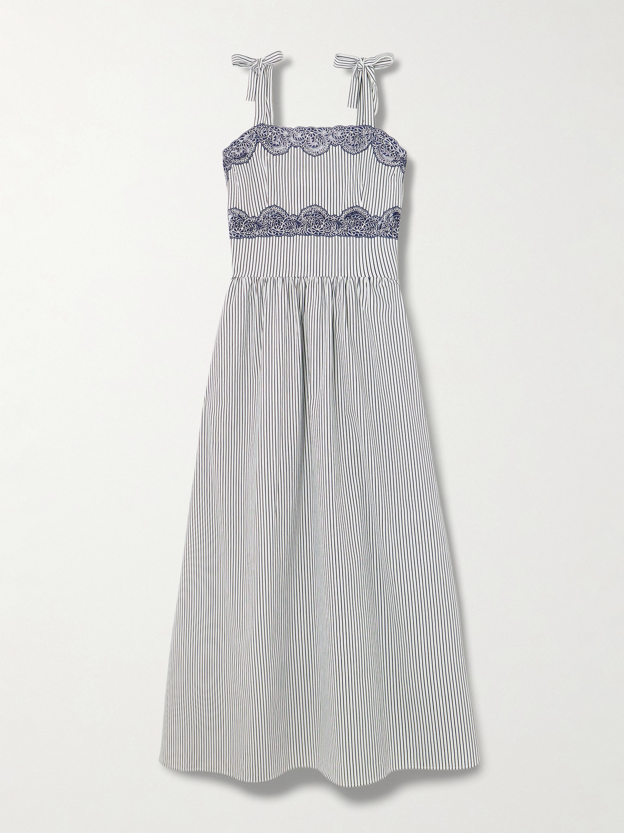 Loretta Caponi Sabine Corded Lace-trimmed Gathered Striped Cotton-blend Poplin Maxi Dress In Blue