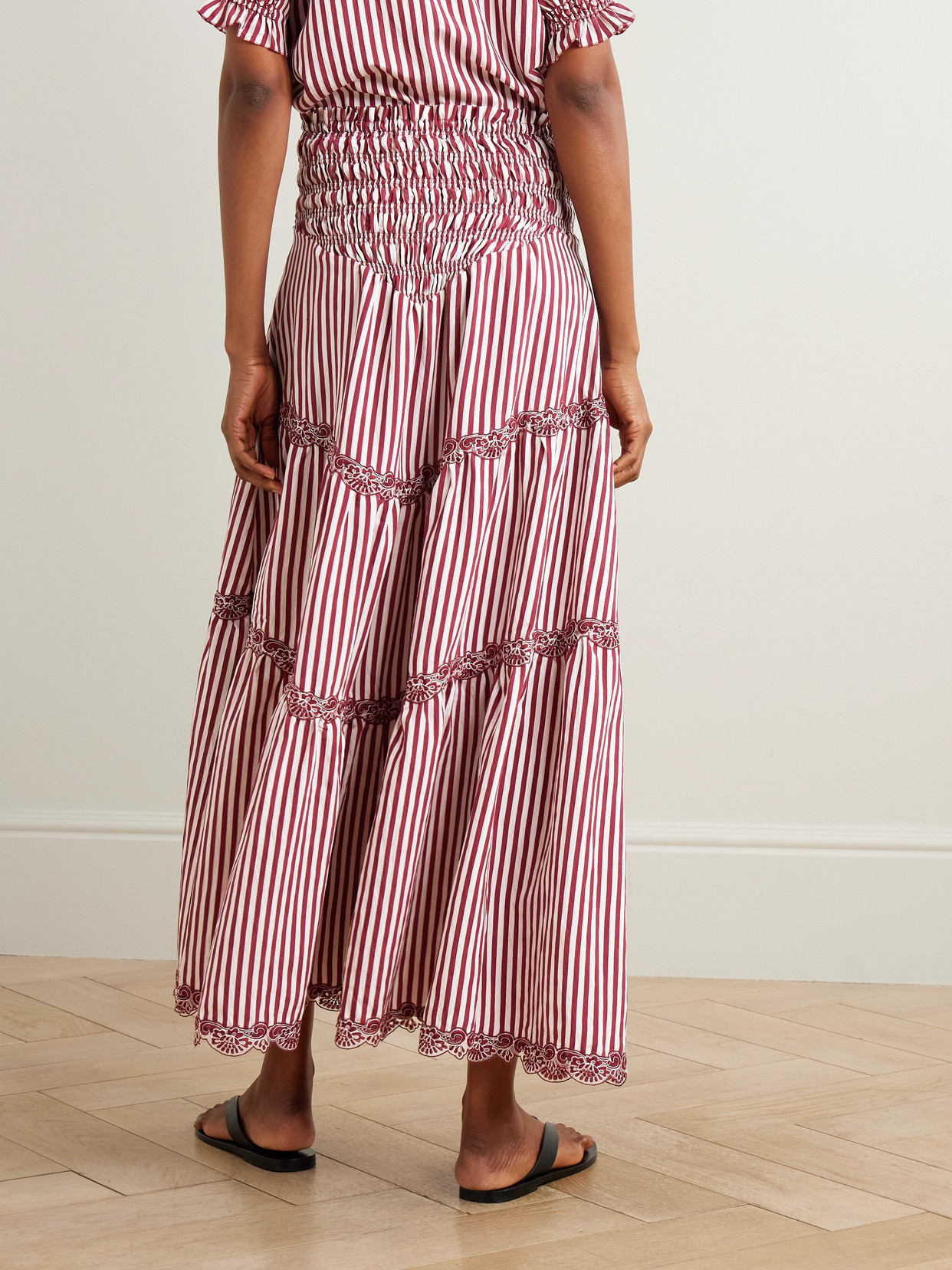 Loretta Caponi Ninfa Shirred Corded Lace-trimmed Striped Satin Maxi Skirt In Pink