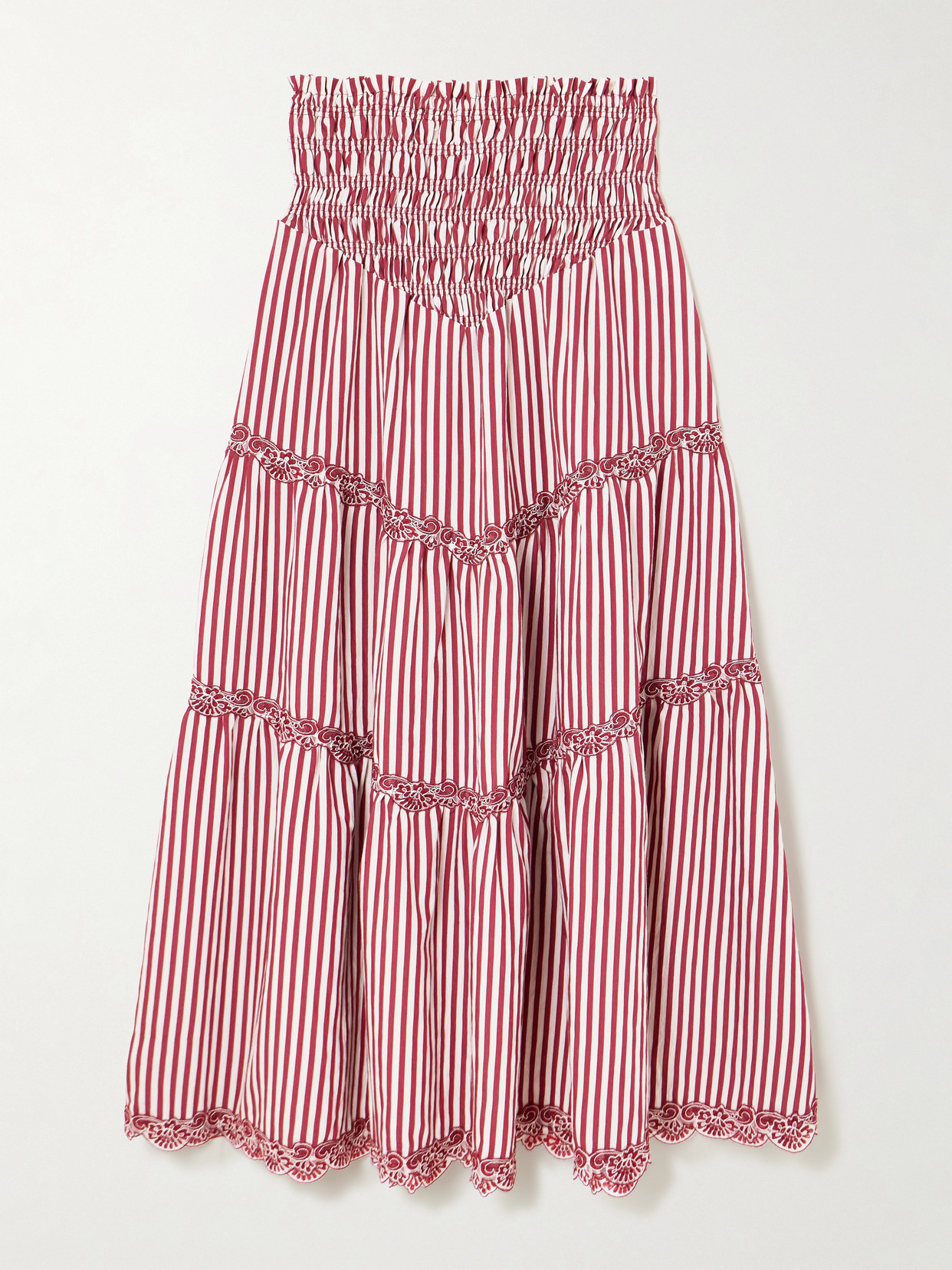 Loretta Caponi Ninfa Shirred Corded Lace-trimmed Striped Satin Maxi Skirt In Pink