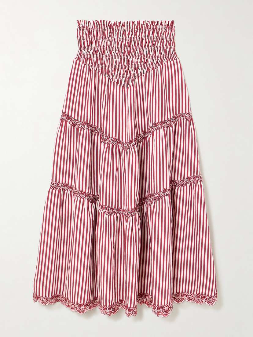 Loretta Caponi Ninfa Shirred Corded Lace-trimmed Striped Satin Maxi Skirt