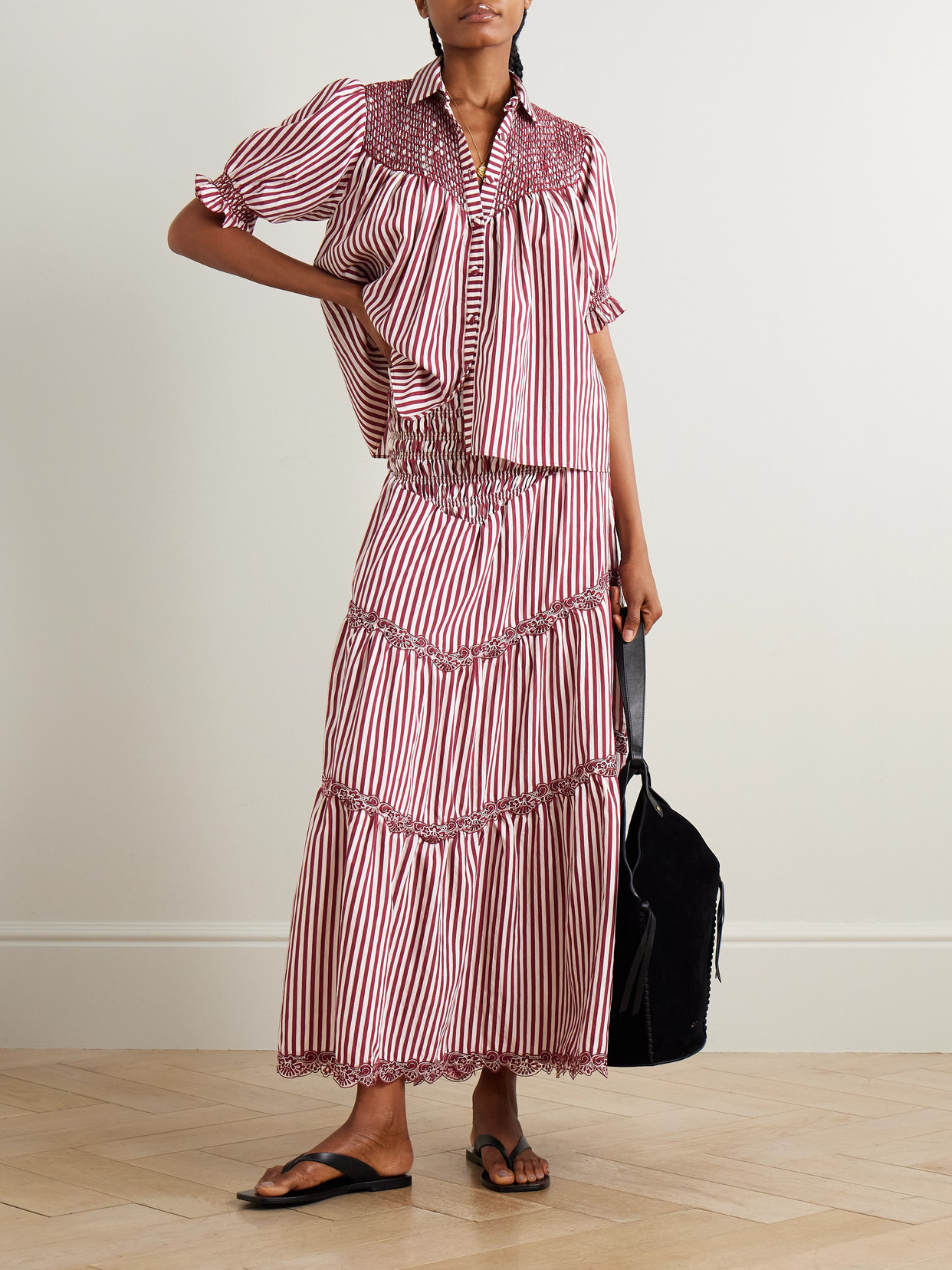 Loretta Caponi Ninfa Shirred Corded Lace-trimmed Striped Satin Maxi Skirt In Pink