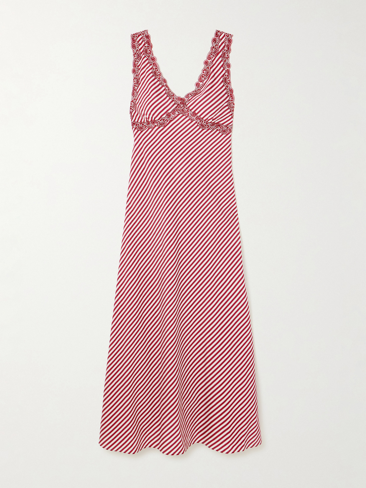 Loretta Caponi Albina Corded Lace-trimmed Pleated Striped Satin Chemise In Red