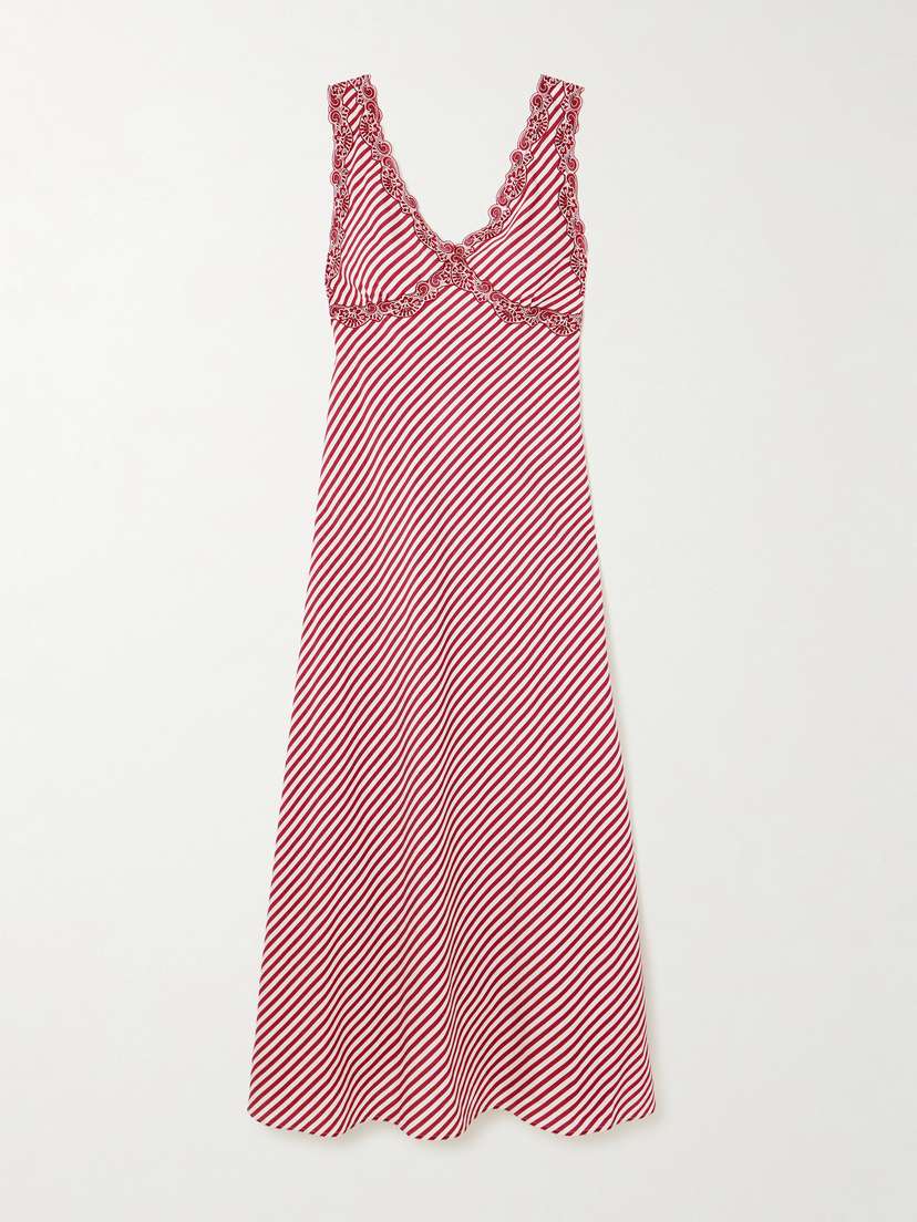 Loretta Caponi Albina Corded Lace-trimmed Pleated Striped Satin Chemise