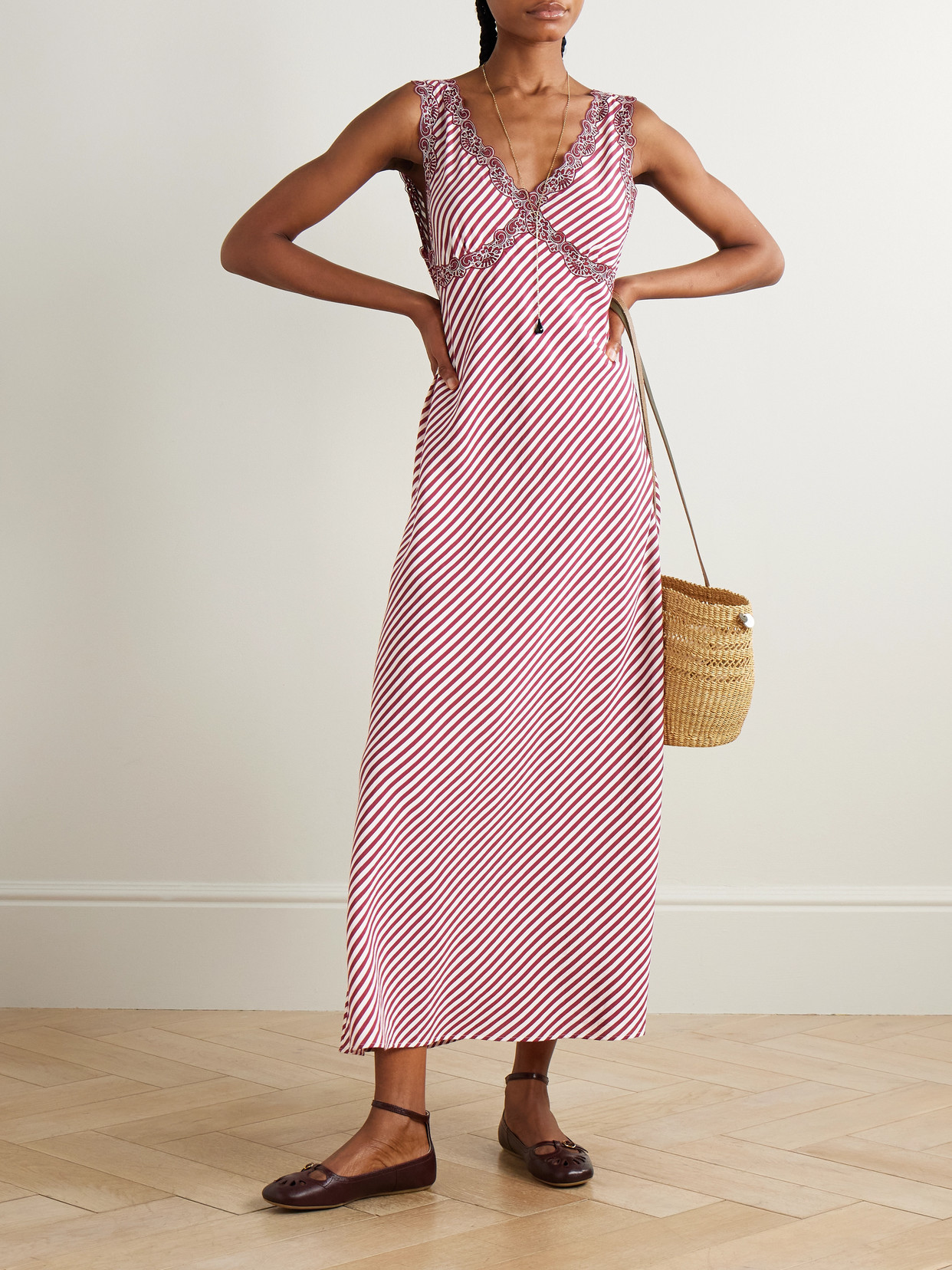 Loretta Caponi Albina Corded Lace-trimmed Pleated Striped Satin Chemise In Red