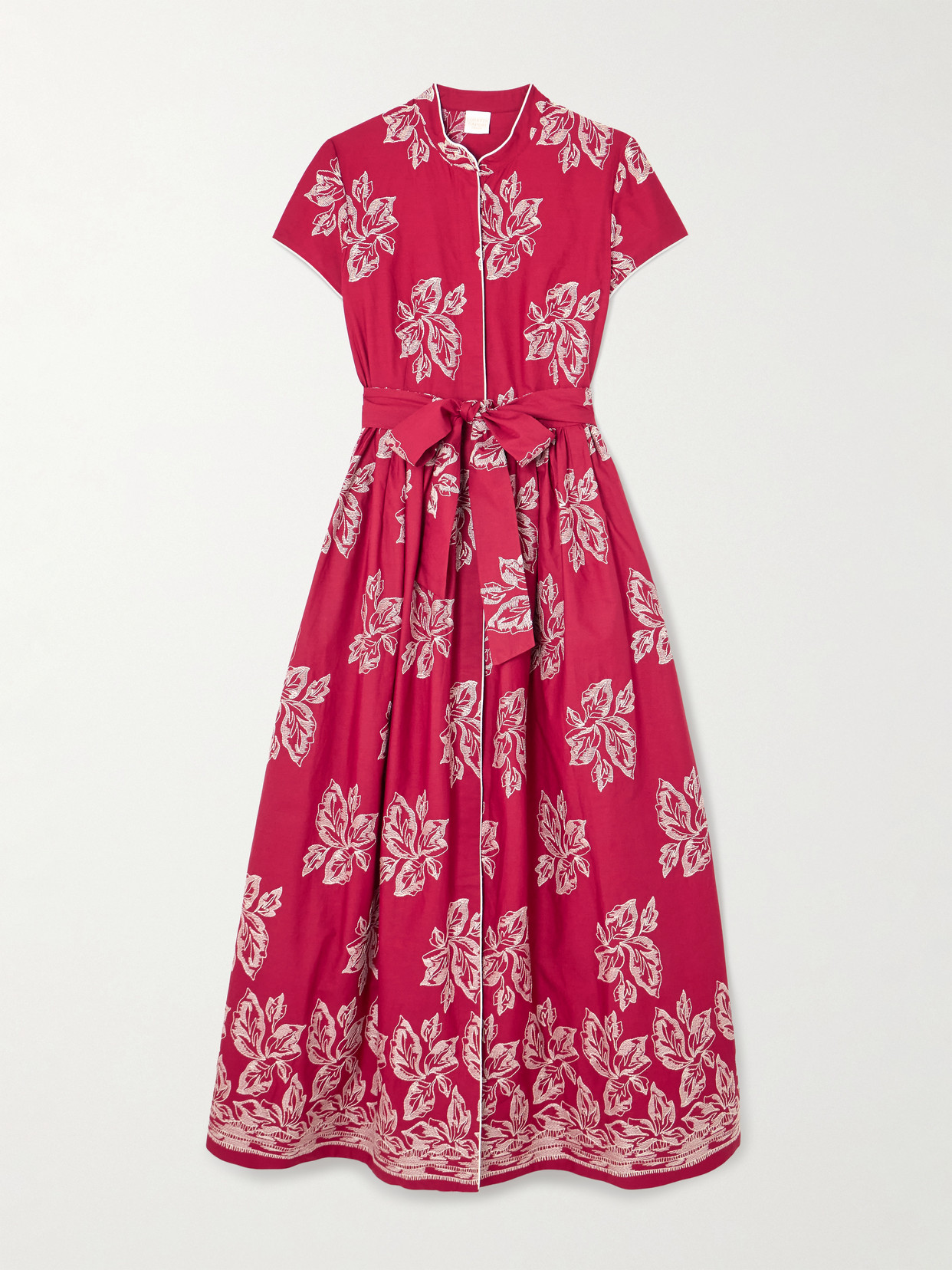 Loretta Caponi Camaiore Belted Embroidered Cotton-poplin Maxi Dress In Pink