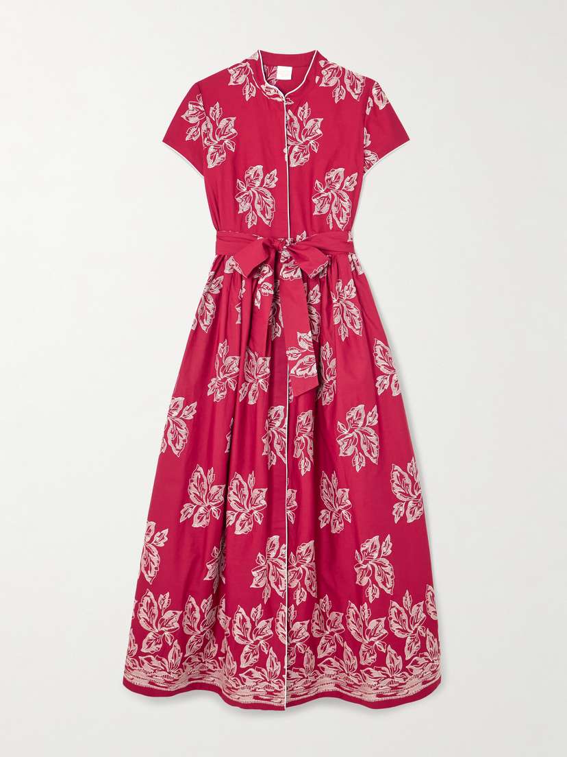 Loretta Caponi Camaiore Belted Embroidered Cotton-poplin Maxi Dress