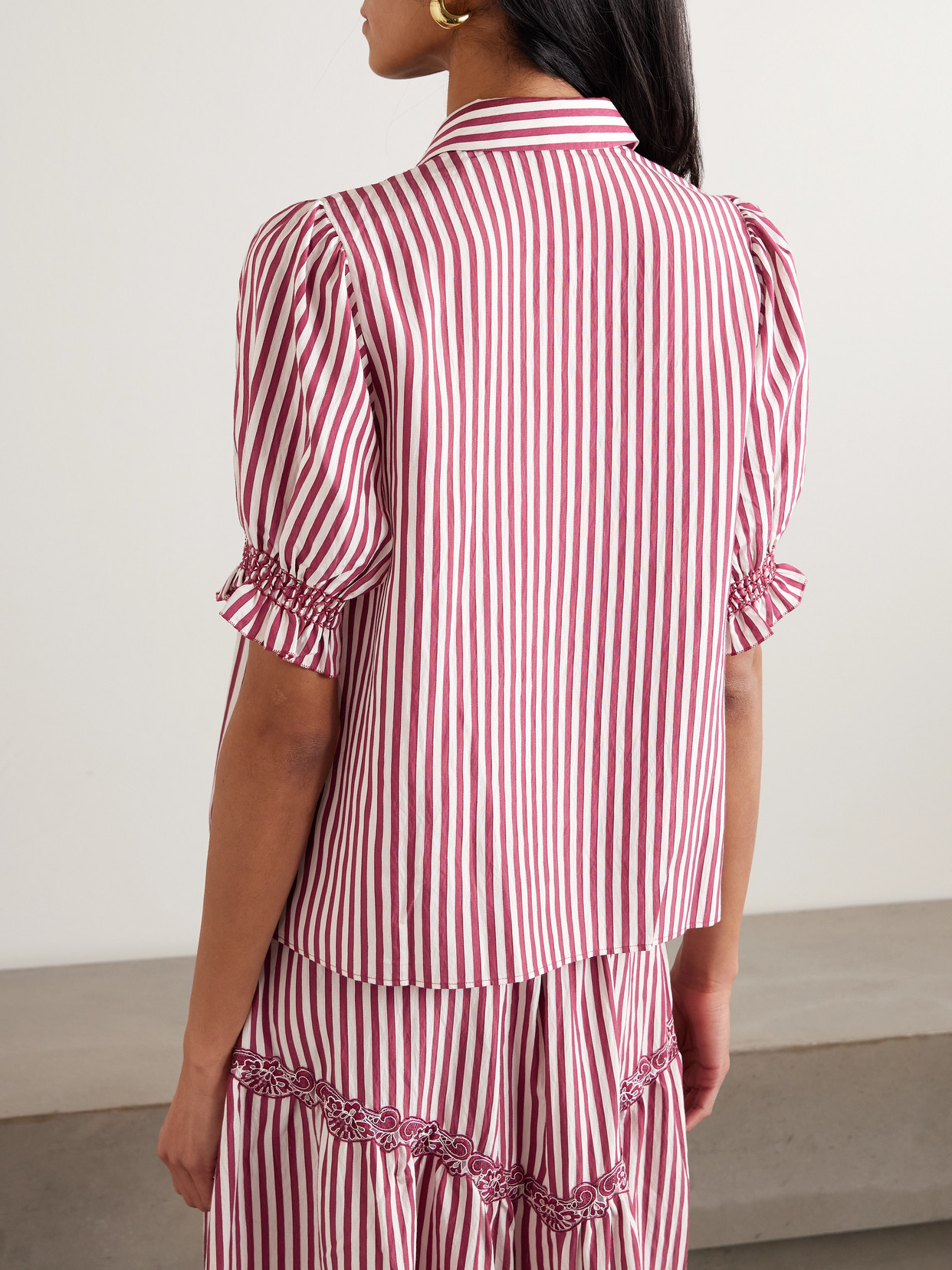 Loretta Caponi Milvia Smocked Striped Satin Blouse In Pink