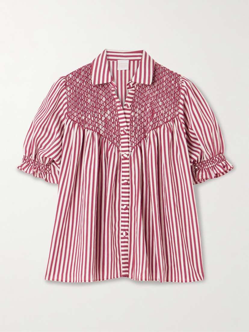 Loretta Caponi Milvia Smocked Striped Satin Blouse