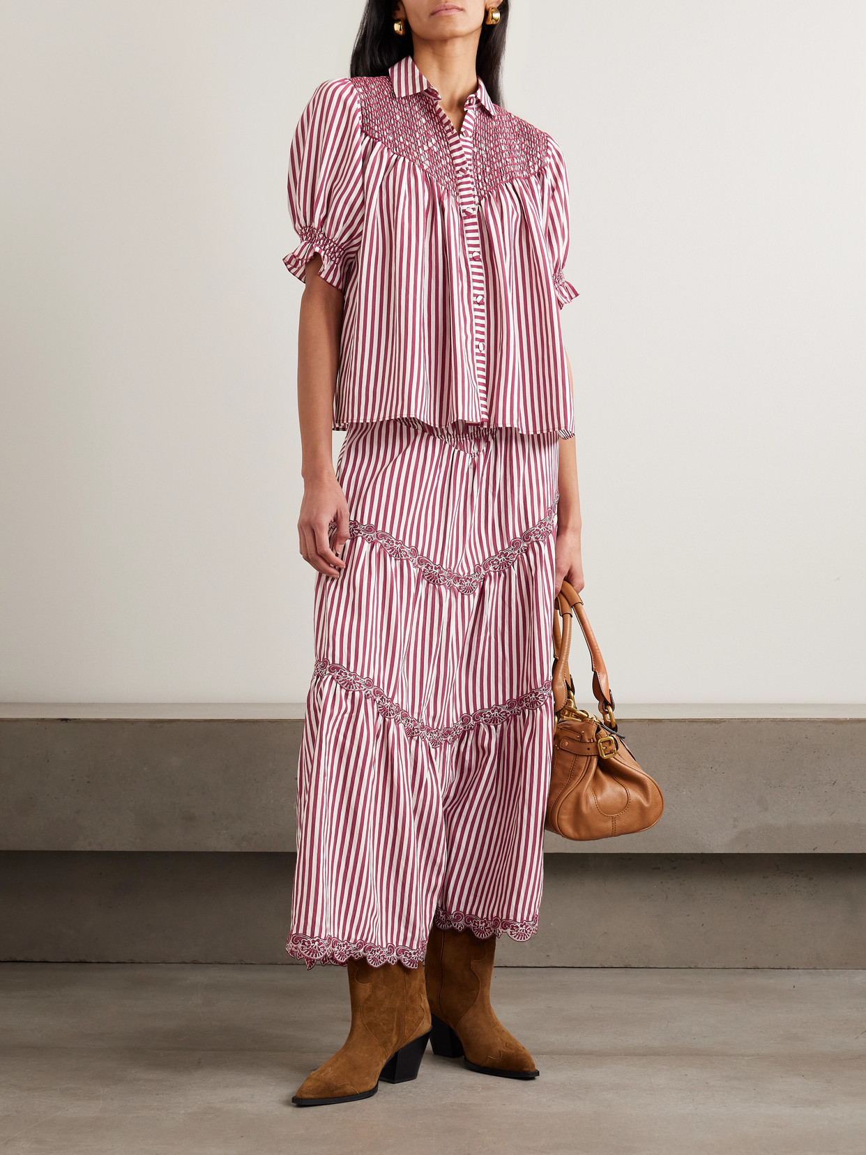 Loretta Caponi Milvia Smocked Striped Satin Blouse In Pink