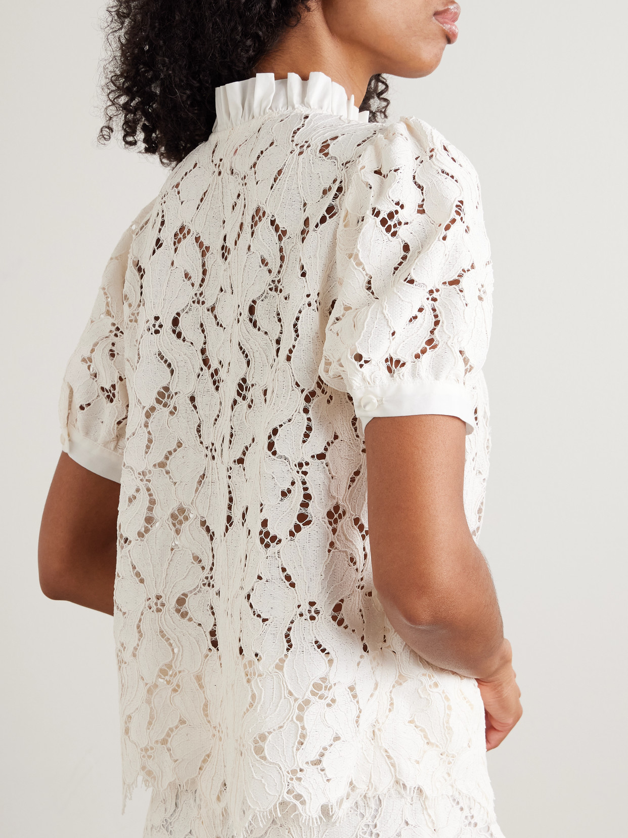 Iole Ruffled Smocked Cotton-Trimmed Guipure Lace Blouse