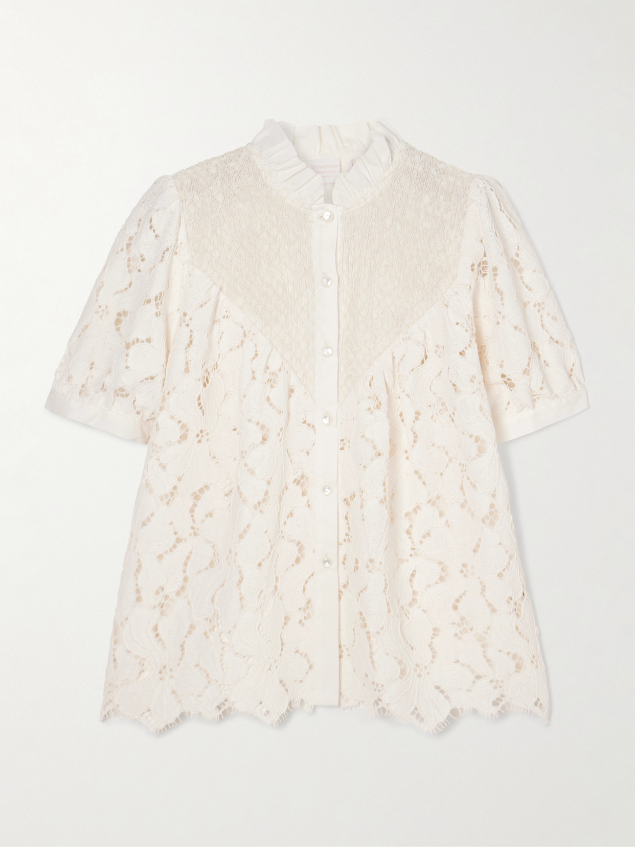Loretta Caponi Iole Ruffled Smocked Cotton-trimmed Guipure Lace Blouse In White