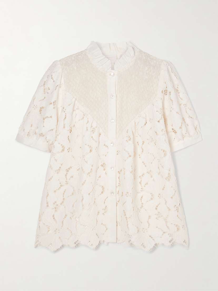 Loretta Caponi Iole Ruffled Smocked Cotton-trimmed Guipure Lace Blouse