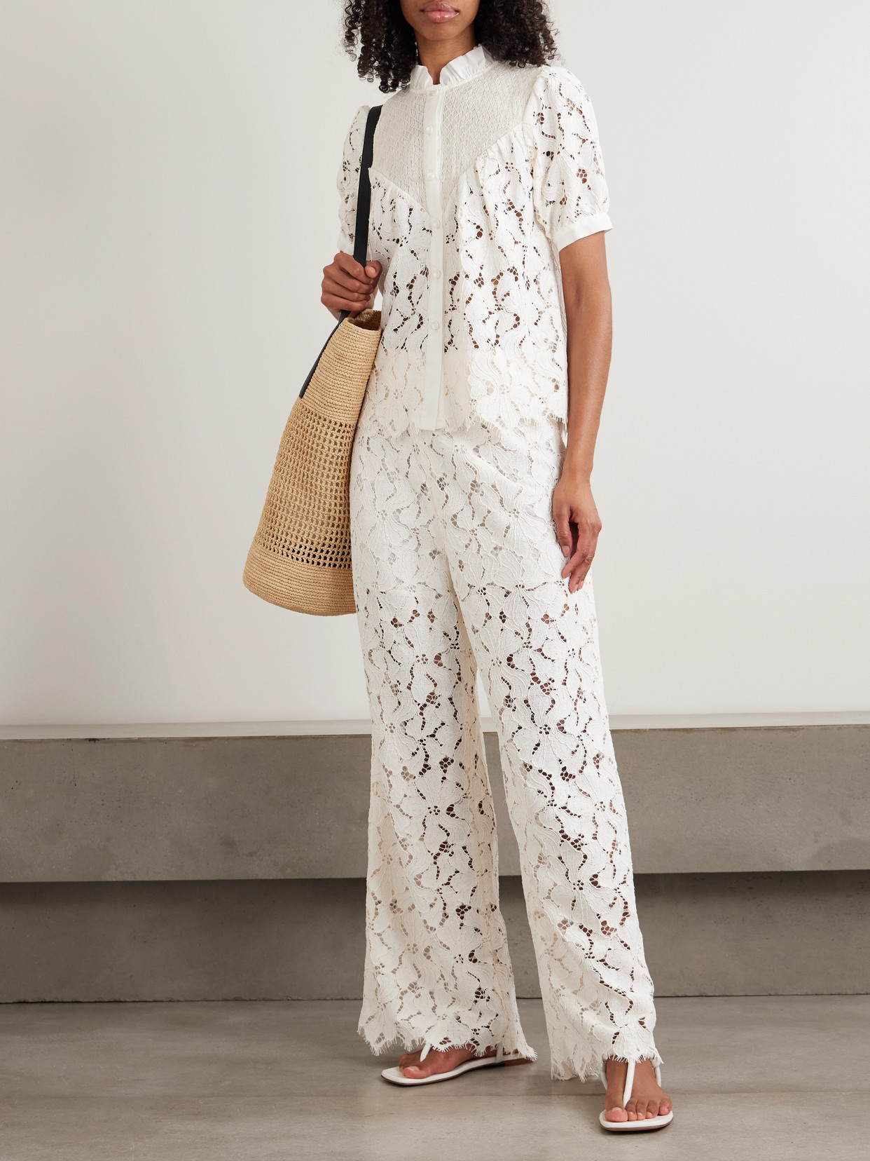 Iole Ruffled Smocked Cotton-Trimmed Guipure Lace Blouse