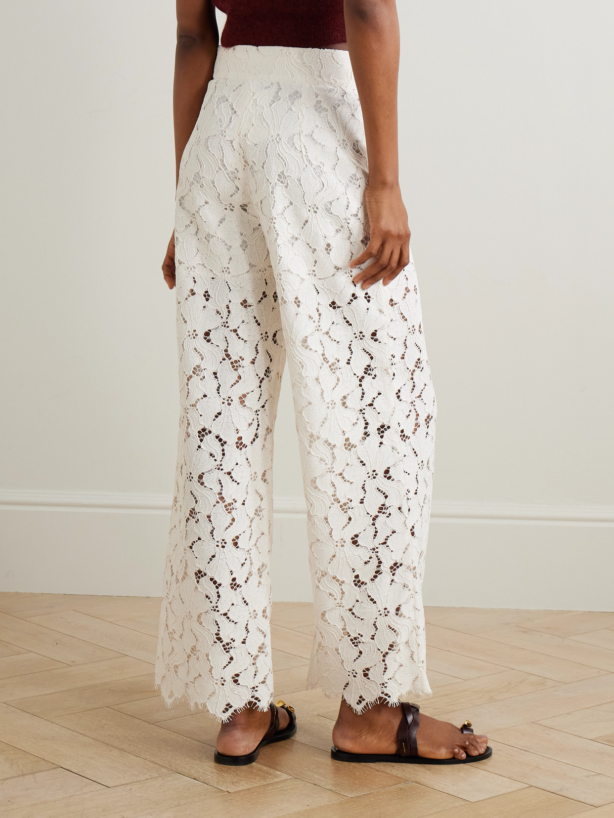 Loretta Caponi Cipro Scalloped Corded Lace Straight-leg Pants In White