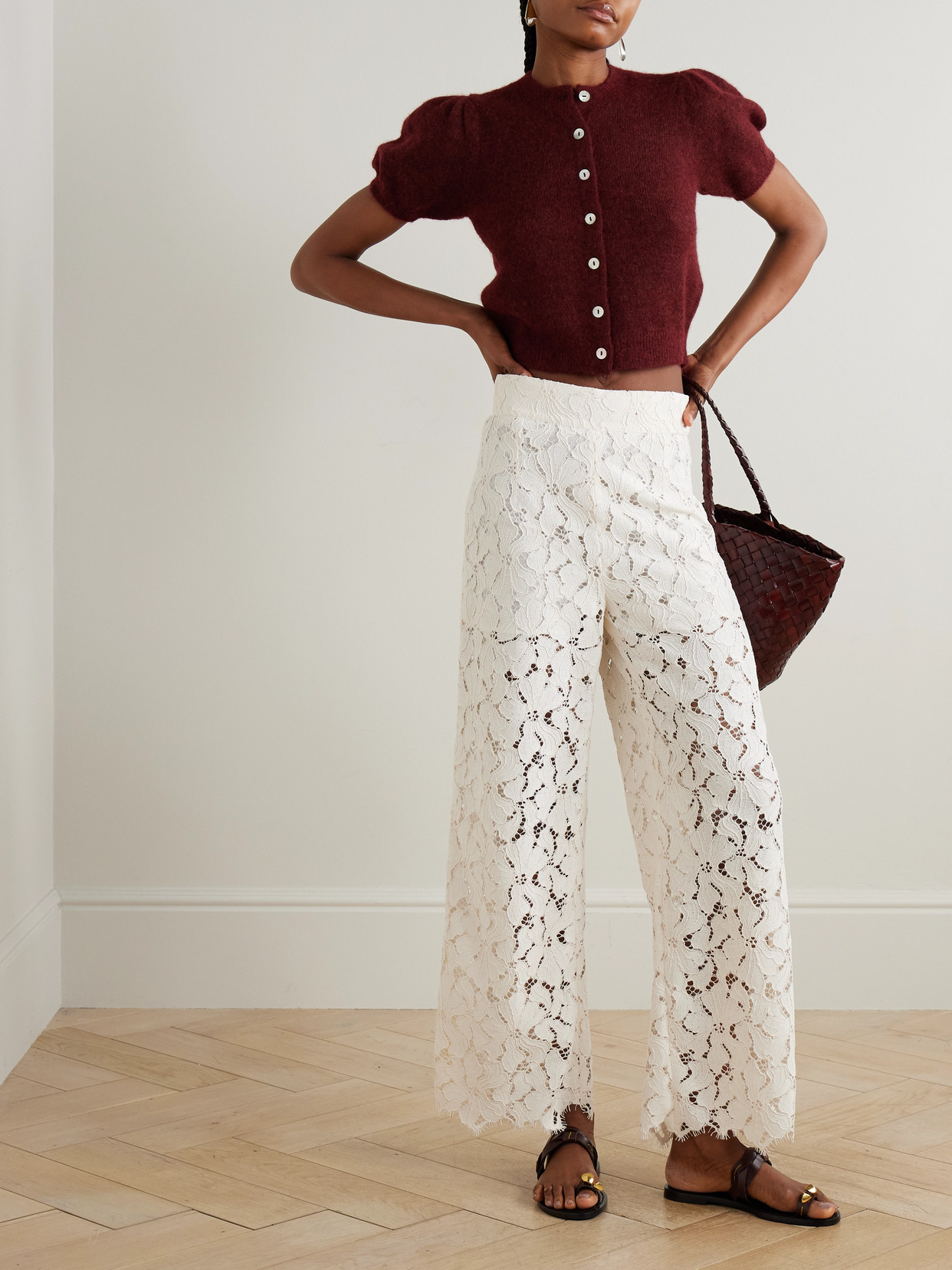 Loretta Caponi Cipro Scalloped Corded Lace Straight-leg Pants In White