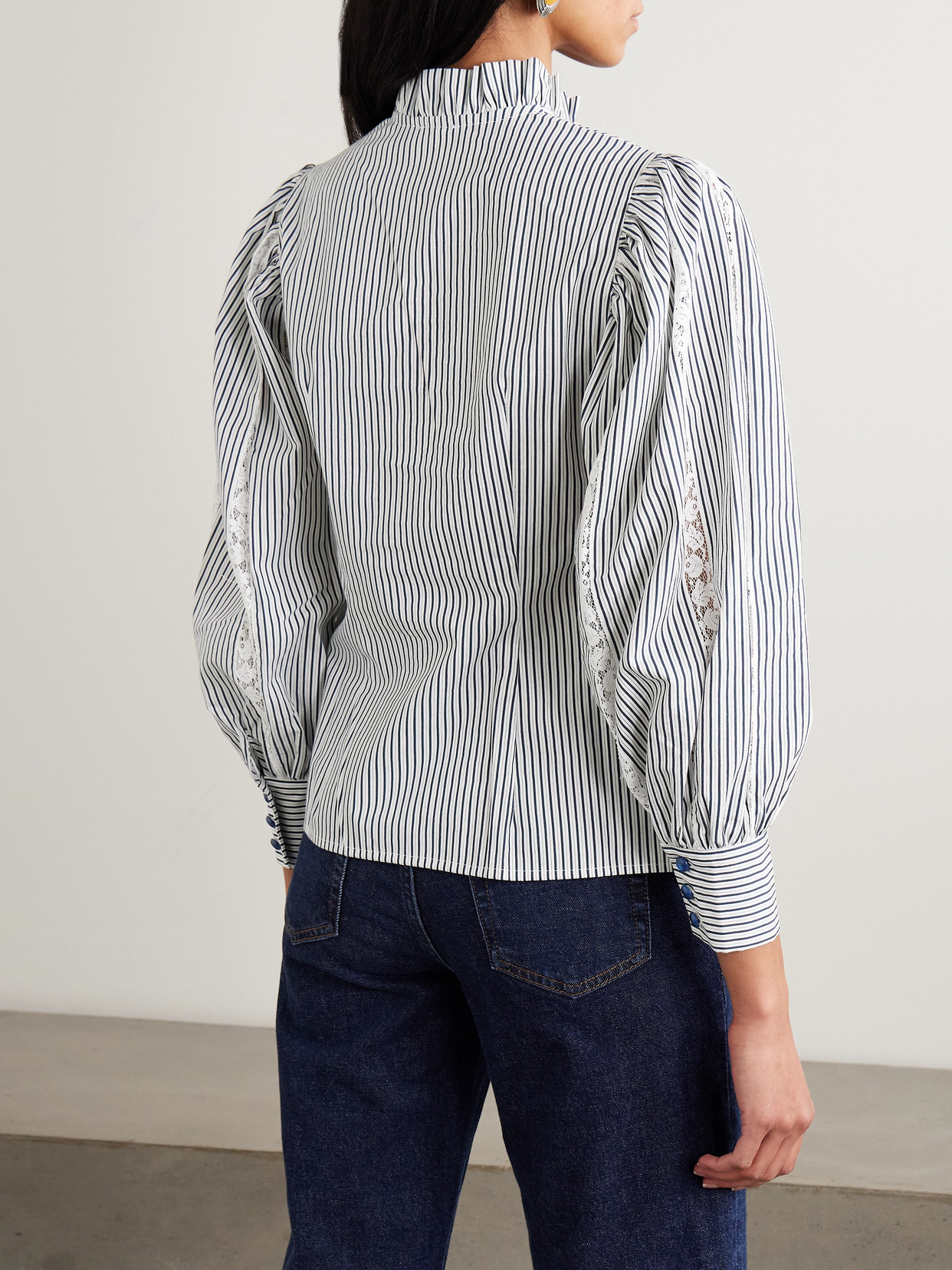 Anastasia Lace-Trimmed Striped Cotton-Blend Blouse