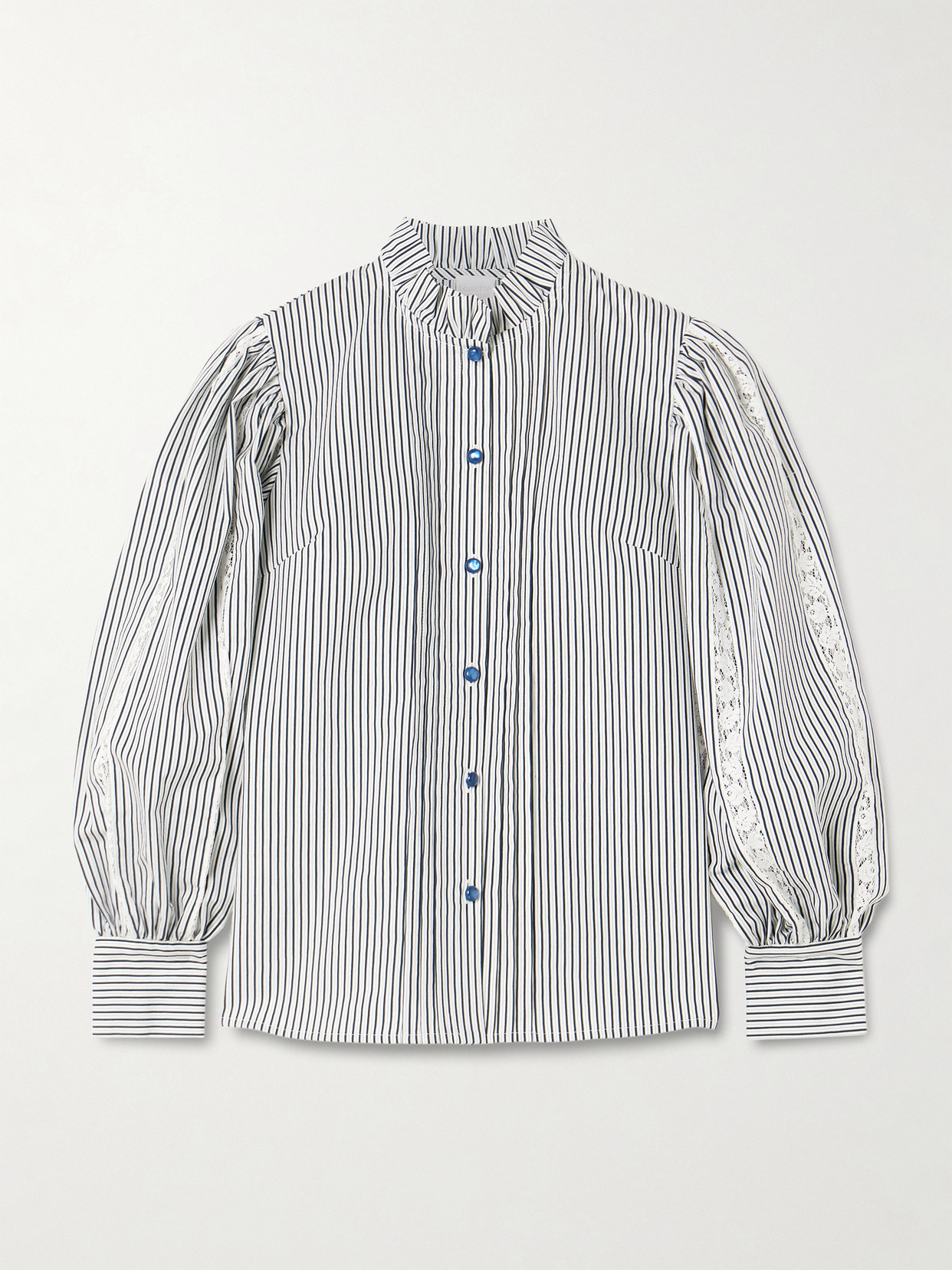 Loretta Caponi Anastasia Lace-trimmed Striped Cotton-blend Blouse In Blue