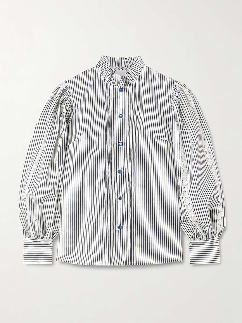 Loretta Caponi Anastasia Lace-trimmed Striped Cotton-blend Blouse