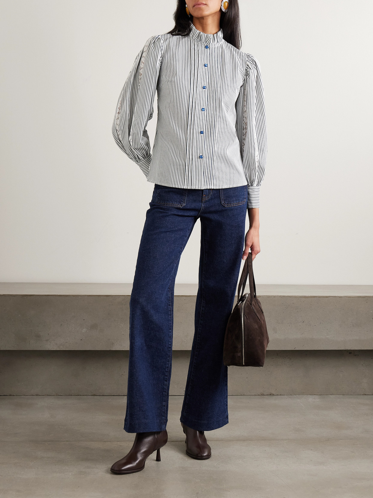 Anastasia Lace-Trimmed Striped Cotton-Blend Blouse