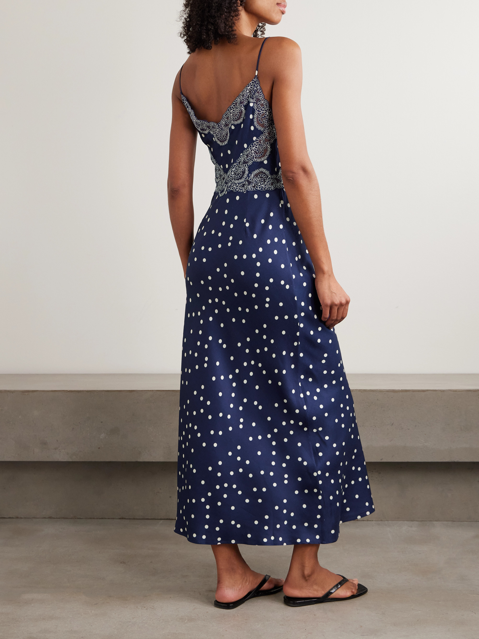 Loretta Caponi - Lace-trimmed polka-dot satin maxi dress | Plush