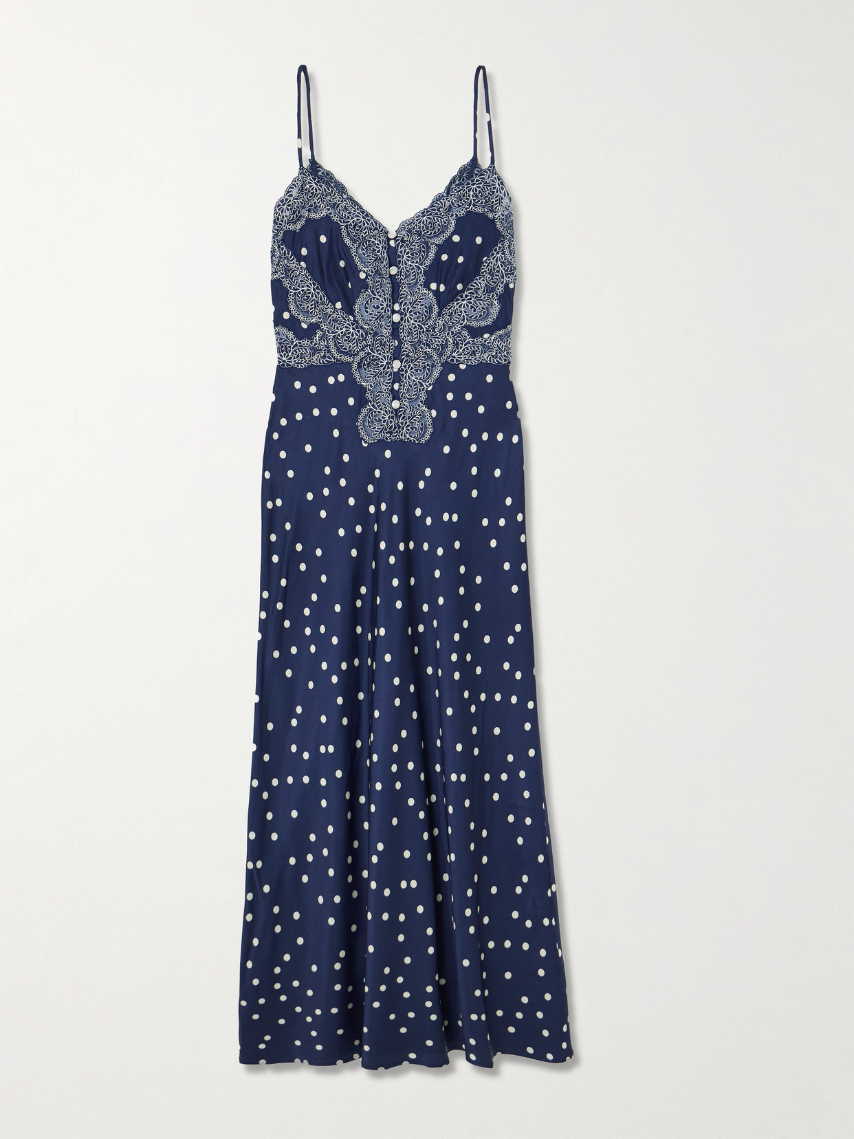 Loretta Caponi Lace-trimmed Polka-dot Satin Maxi Dress In Blue