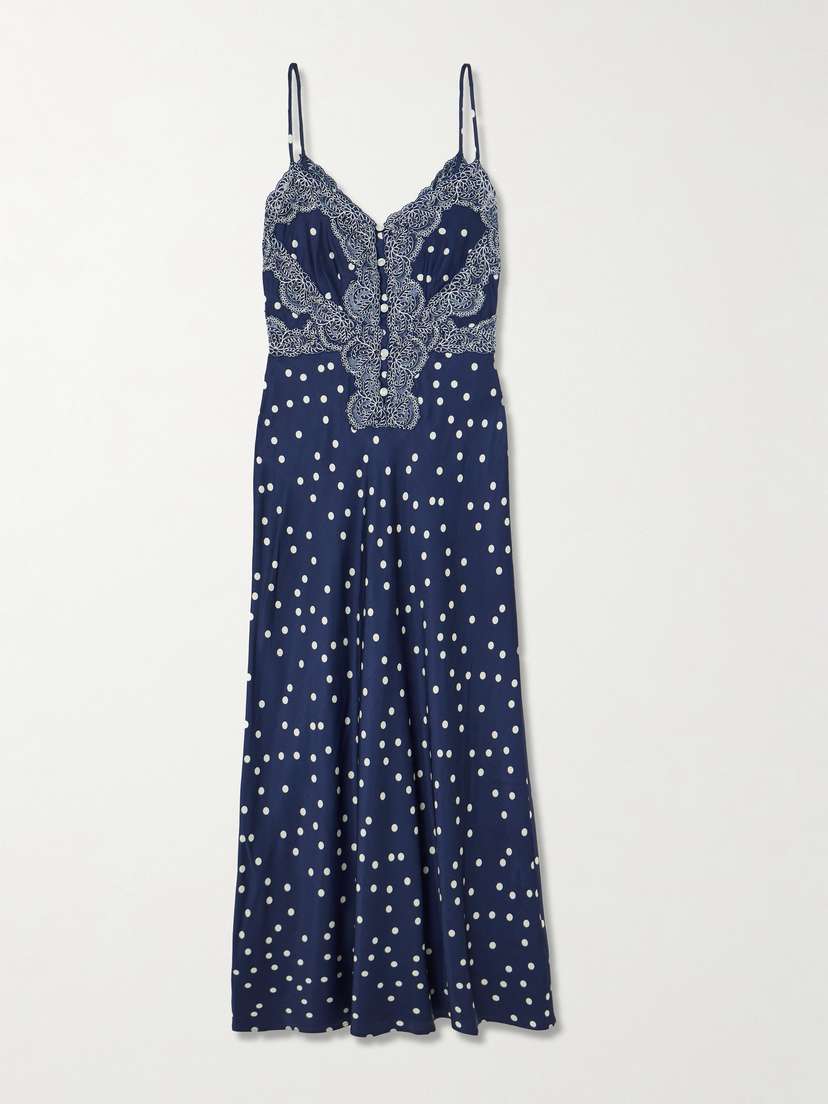 Loretta Caponi Lace-trimmed Polka-dot Satin Maxi Dress