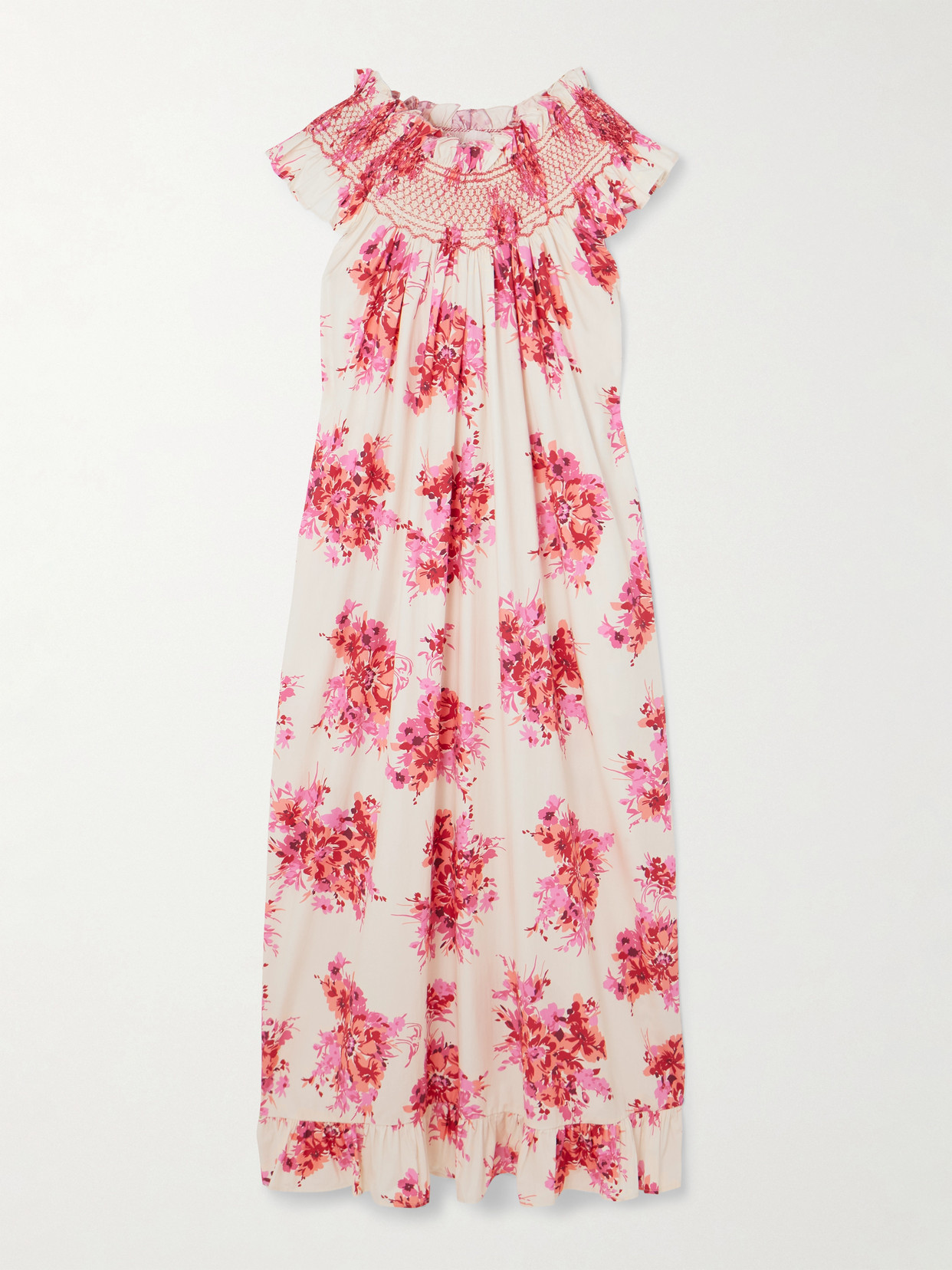Loretta Caponi Delfina Ruffled Smocked Floral-print Cotton Maxi Dress In Pink