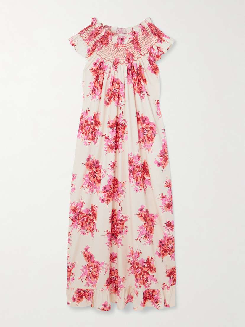 Loretta Caponi Delfina Ruffled Smocked Floral-print Cotton Maxi Dress
