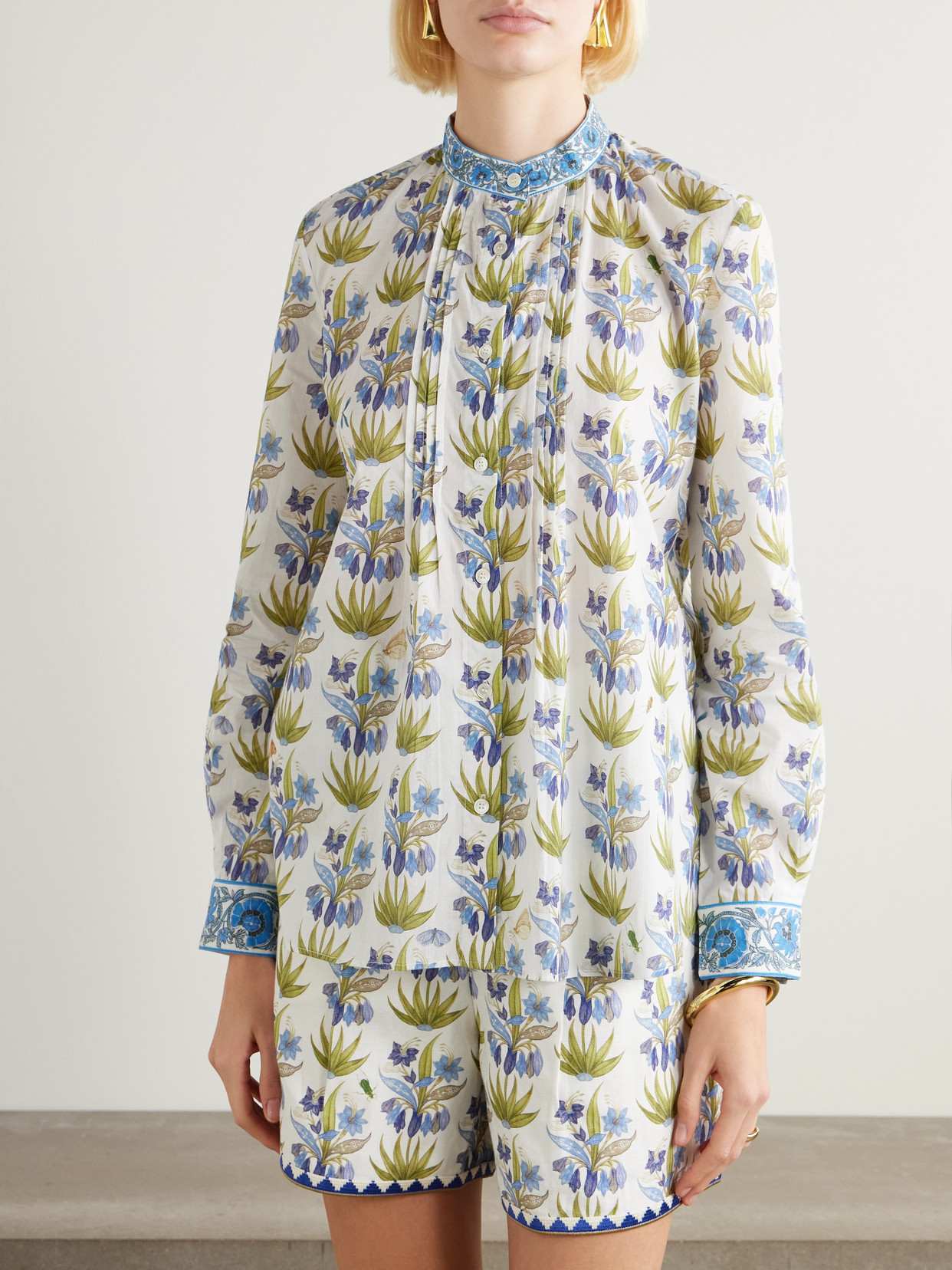 Chiara Celestine Pleated Floral-Print Cotton-Voile Shirt
