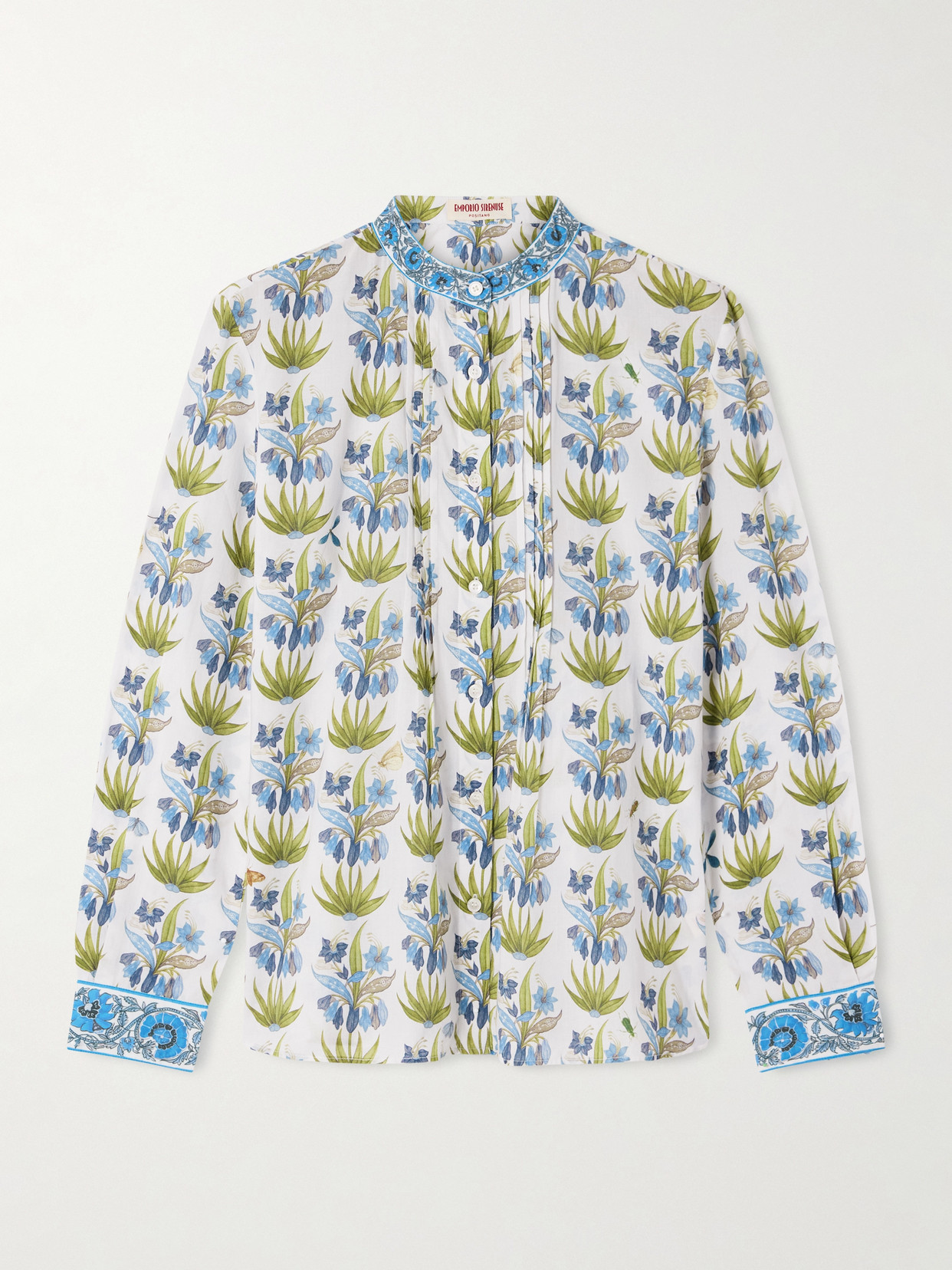 Emporio Sirenuse Chiara Celestine Pleated Floral-print Cotton-voile Shirt In Blue