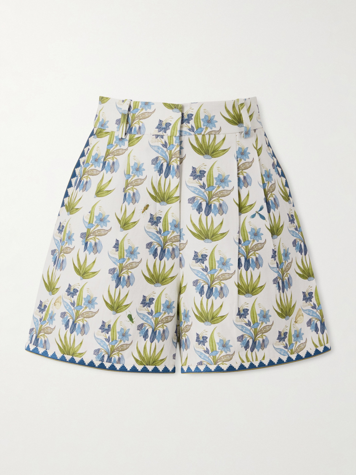 Emporio Sirenuse Beatrice Celestine Pleated Floral-print Linen And Cotton-blend Shorts In Blue