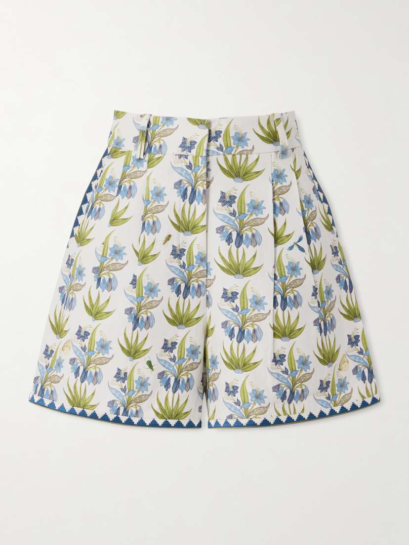 Emporio Sirenuse Beatrice Celestine Pleated Floral-print Linen And Cotton-blend Shorts