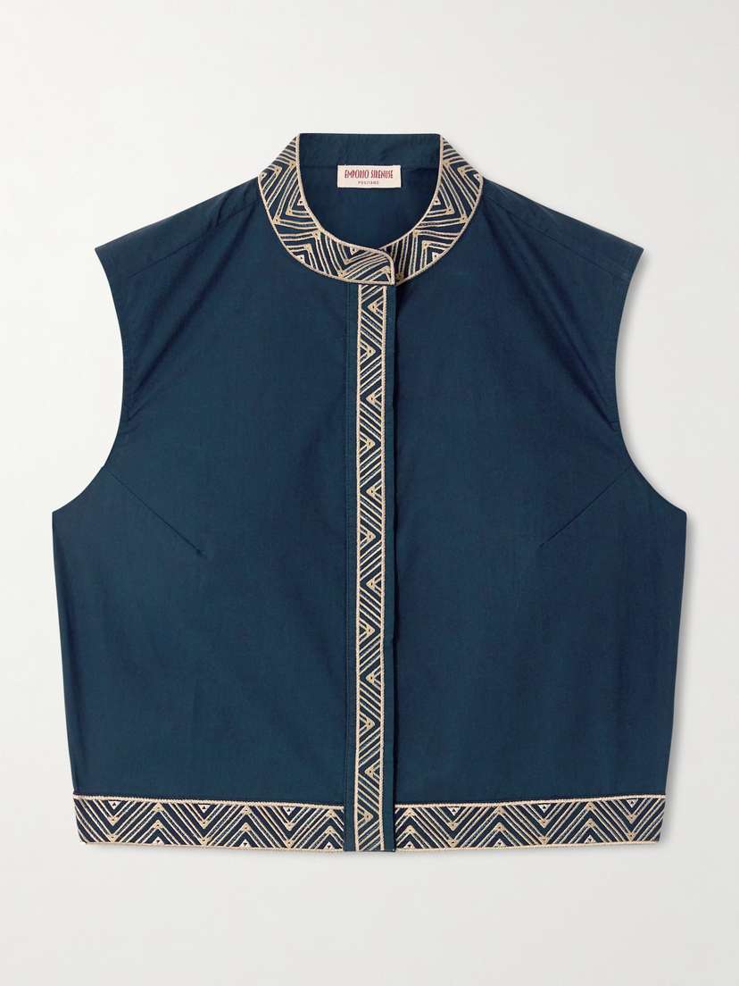 Emporio Sirenuse Andorra Iris Cropped Embroidered Cotton-blend Poplin Top