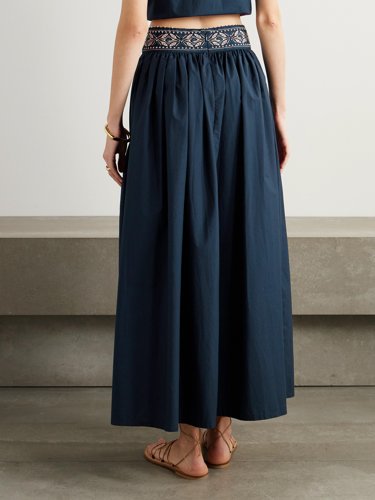 Emporio Sirenuse Ombretta Iris Pleated Embroidered Cotton-blend Poplin Midi Skirt In Blue
