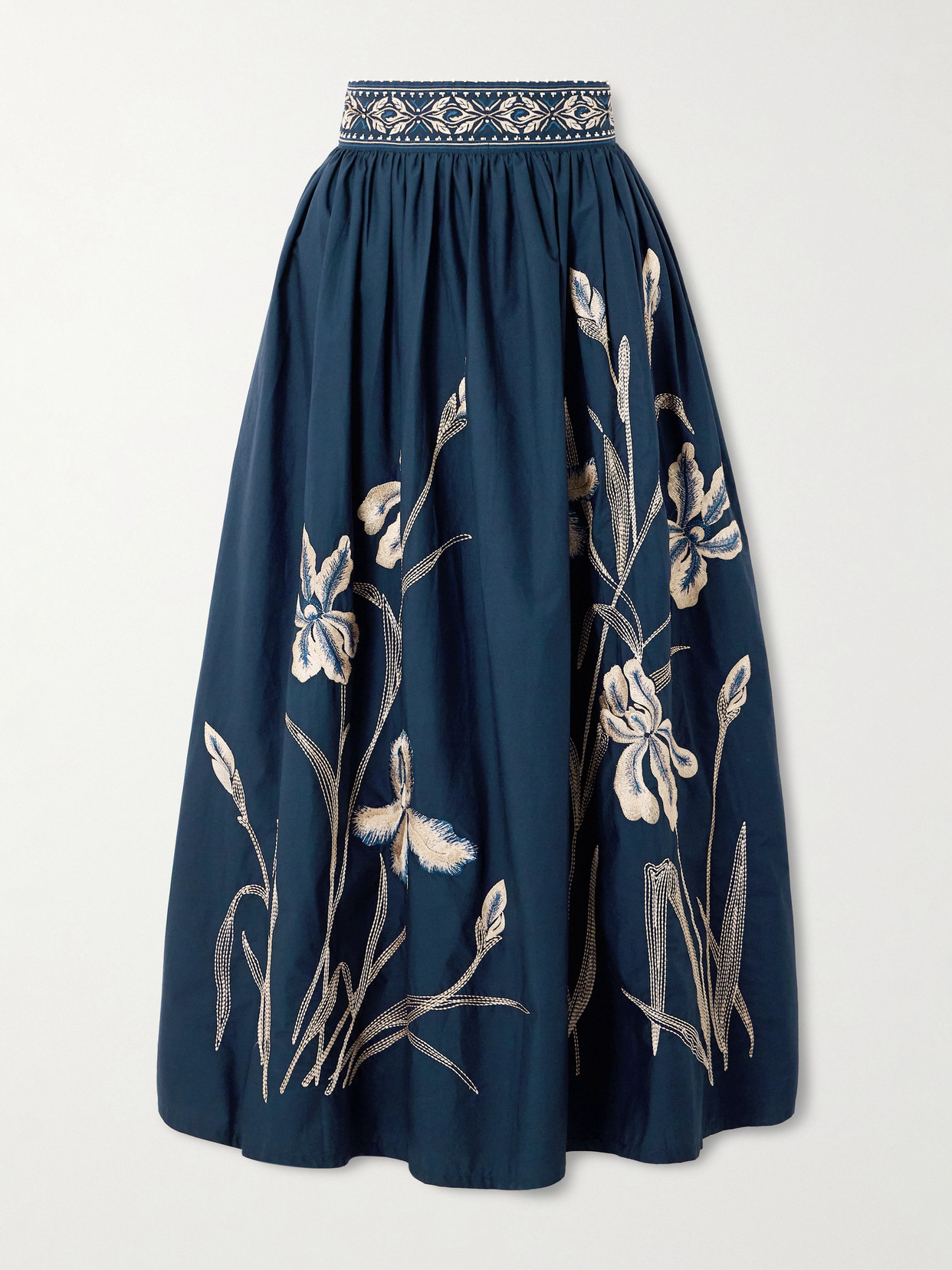 Emporio Sirenuse Ombretta Iris Pleated Embroidered Cotton-blend Poplin Midi Skirt In Blue