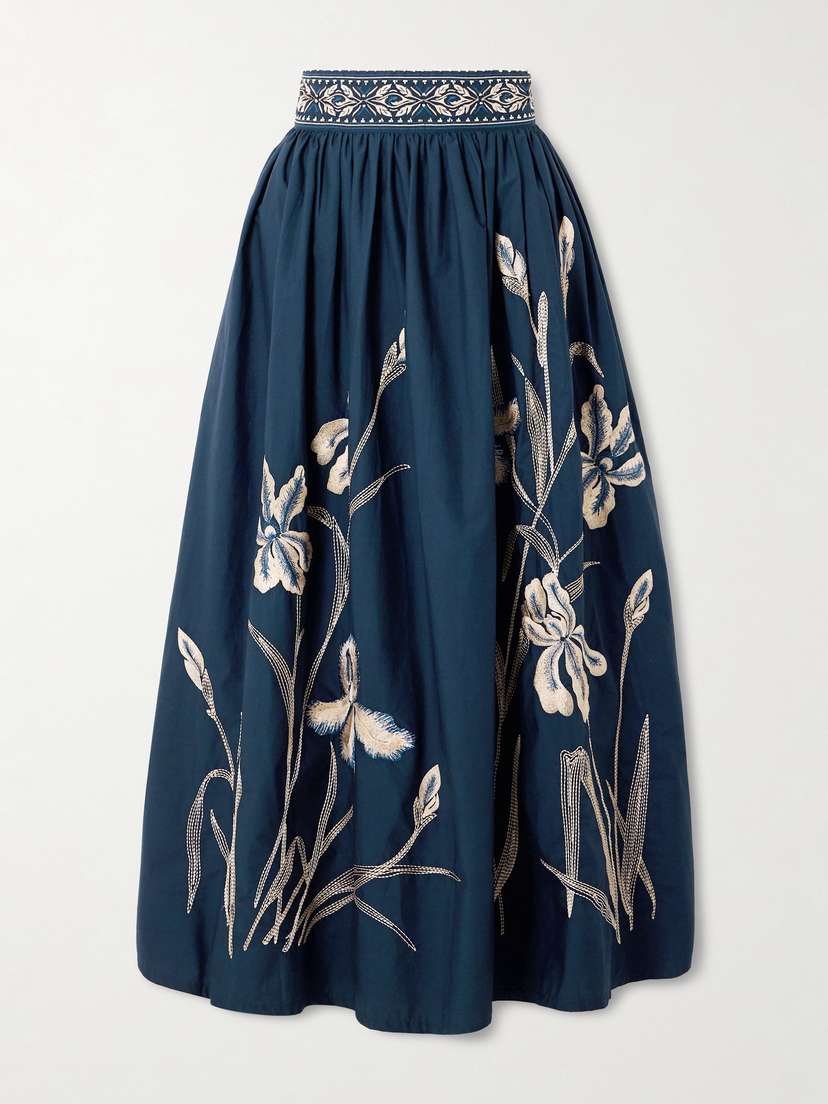 Emporio Sirenuse Ombretta Iris Pleated Embroidered Cotton-blend Poplin Midi Skirt