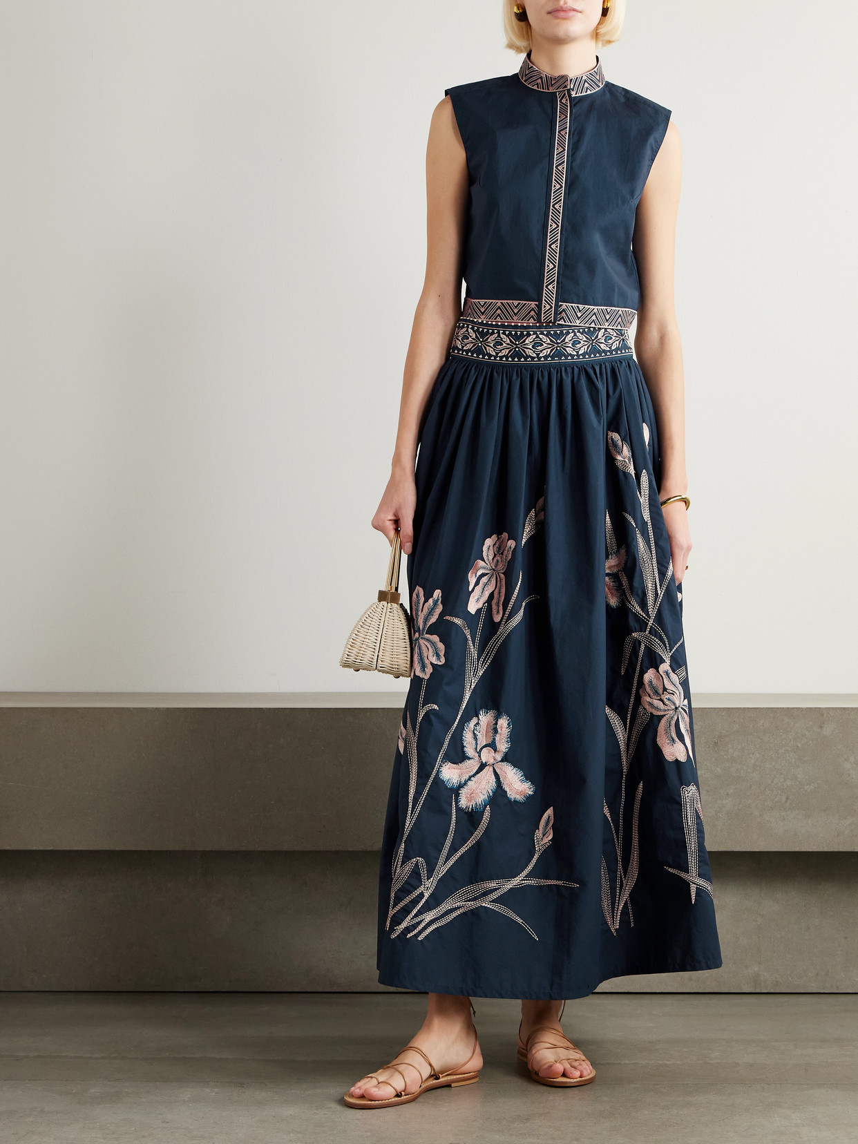 Emporio Sirenuse Ombretta Iris Pleated Embroidered Cotton-blend Poplin Midi Skirt In Blue