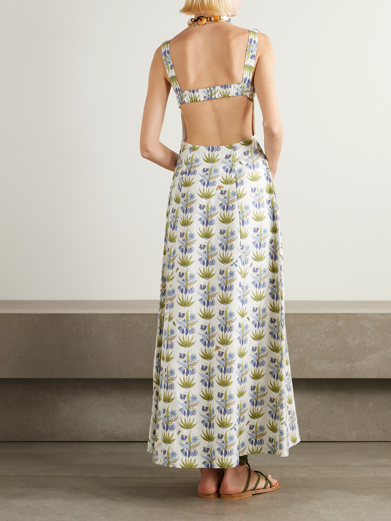 Emporio Sirenuse Azzurra Celestine Open-back Floral-print Linen And Cotton-blend Midi Dress In Multi