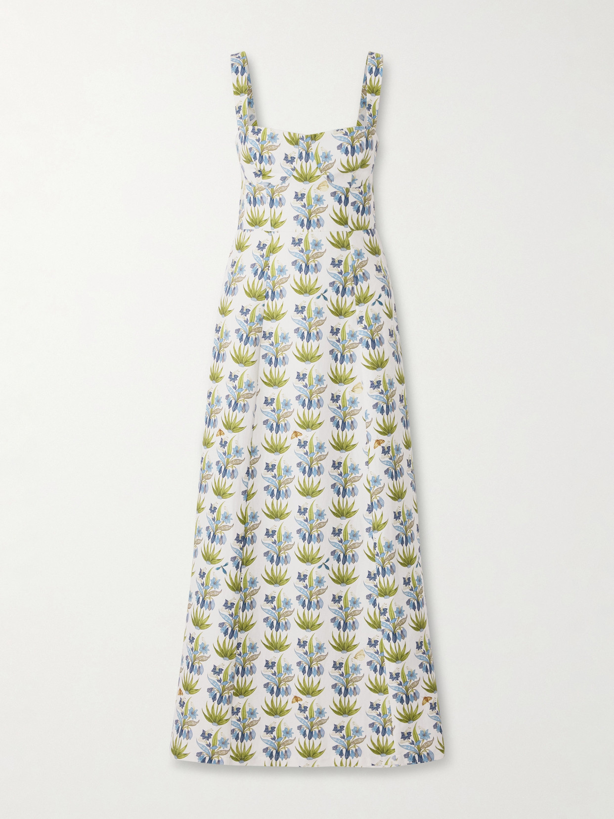 Emporio Sirenuse Azzurra Celestine Open-back Floral-print Linen And Cotton-blend Midi Dress In Blue