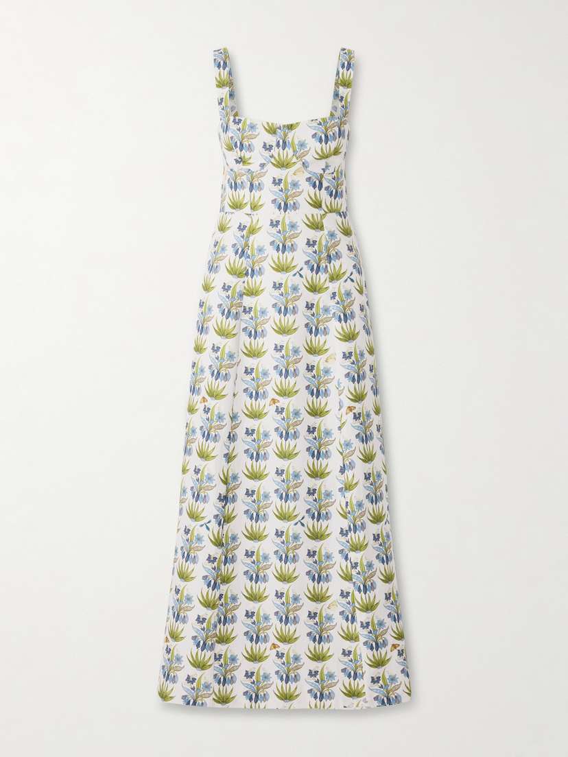 Emporio Sirenuse Azzurra Celestine Open-back Floral-print Linen And Cotton-blend Midi Dress