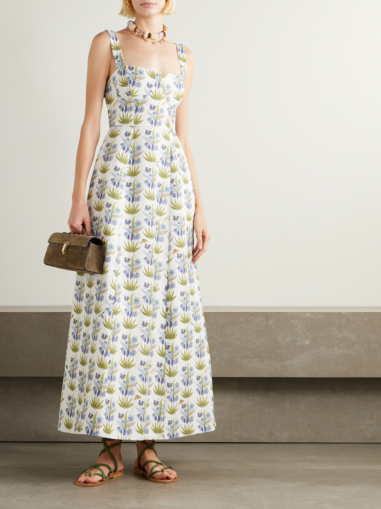 Emporio Sirenuse Azzurra Celestine Open-back Floral-print Linen And Cotton-blend Midi Dress In Multi