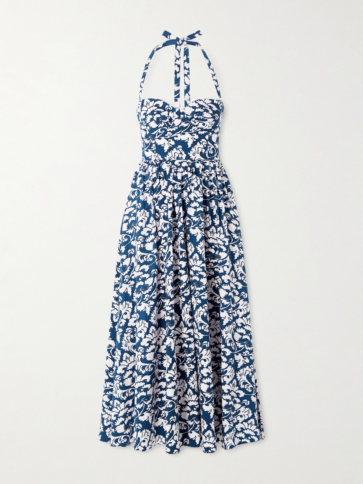 Emporio Sirenuse Johanna Lotus Pleated Floral-print Cotton-twill Halterneck Midi Dress In Blue