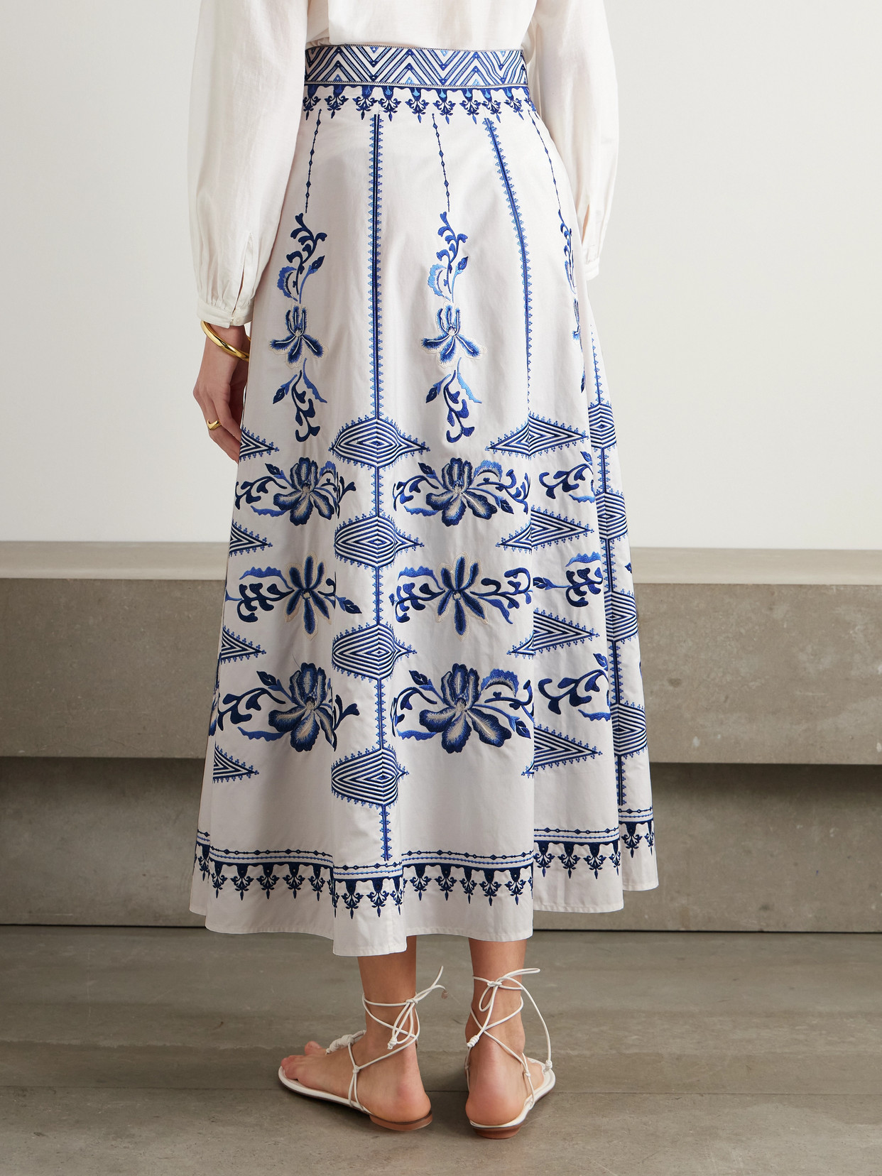 Emporio Sirenuse Camille Embroidered Cotton-blend Midi Skirt In White