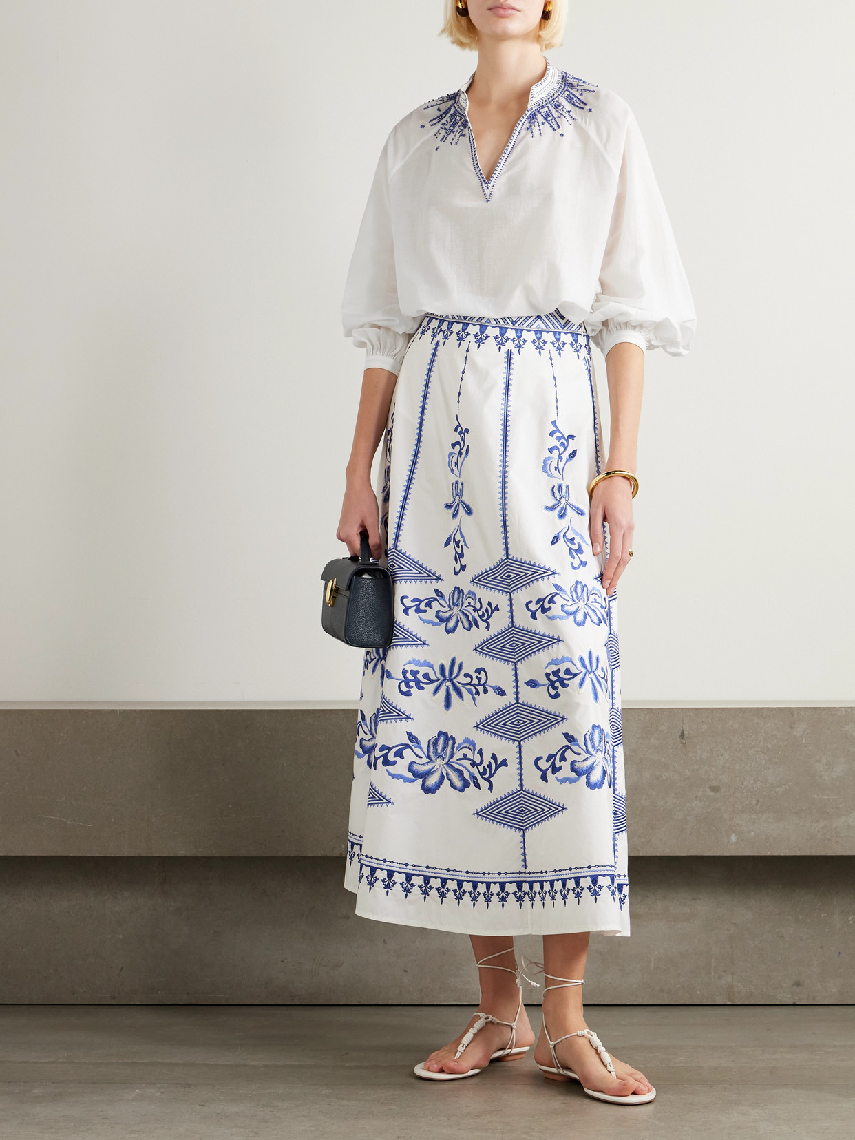 Emporio Sirenuse Camille Embroidered Cotton-blend Midi Skirt In White