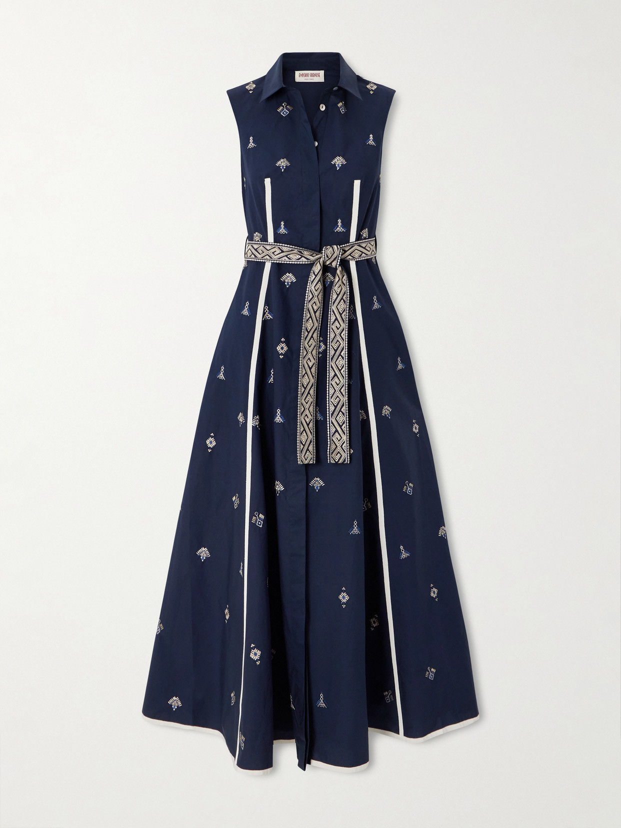 Emporio Sirenuse Belted Embroidered Cotton-poplin Midi Dress In Blue