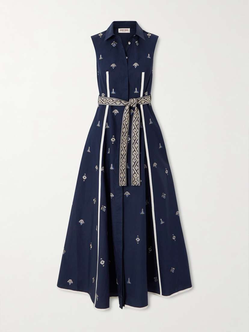 Emporio Sirenuse Belted Embroidered Cotton-poplin Midi Dress